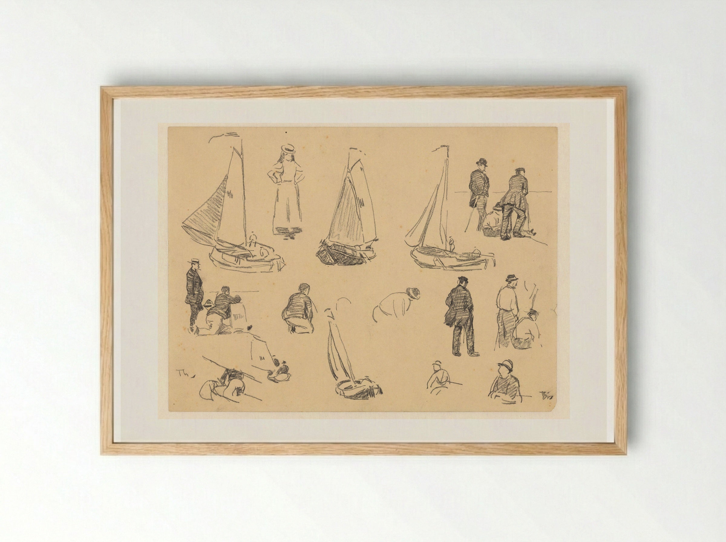 Studieblad met diverse figuurstudies en vissersboten - Willem Bastiaan Tholen - Framed Print Wood