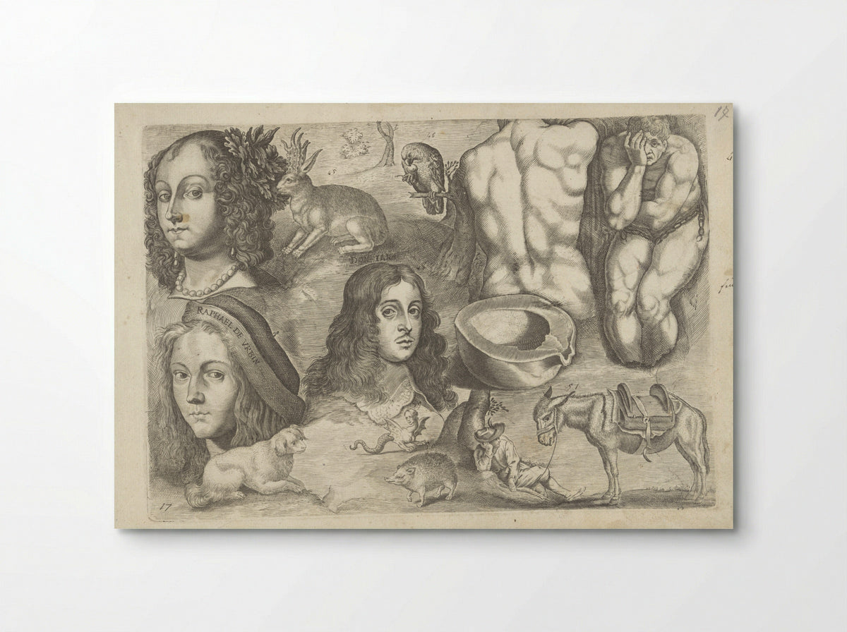 Studieblad met tekenvoorbeelden: koppen, dieren, figuren - Michael Snijders - Poster