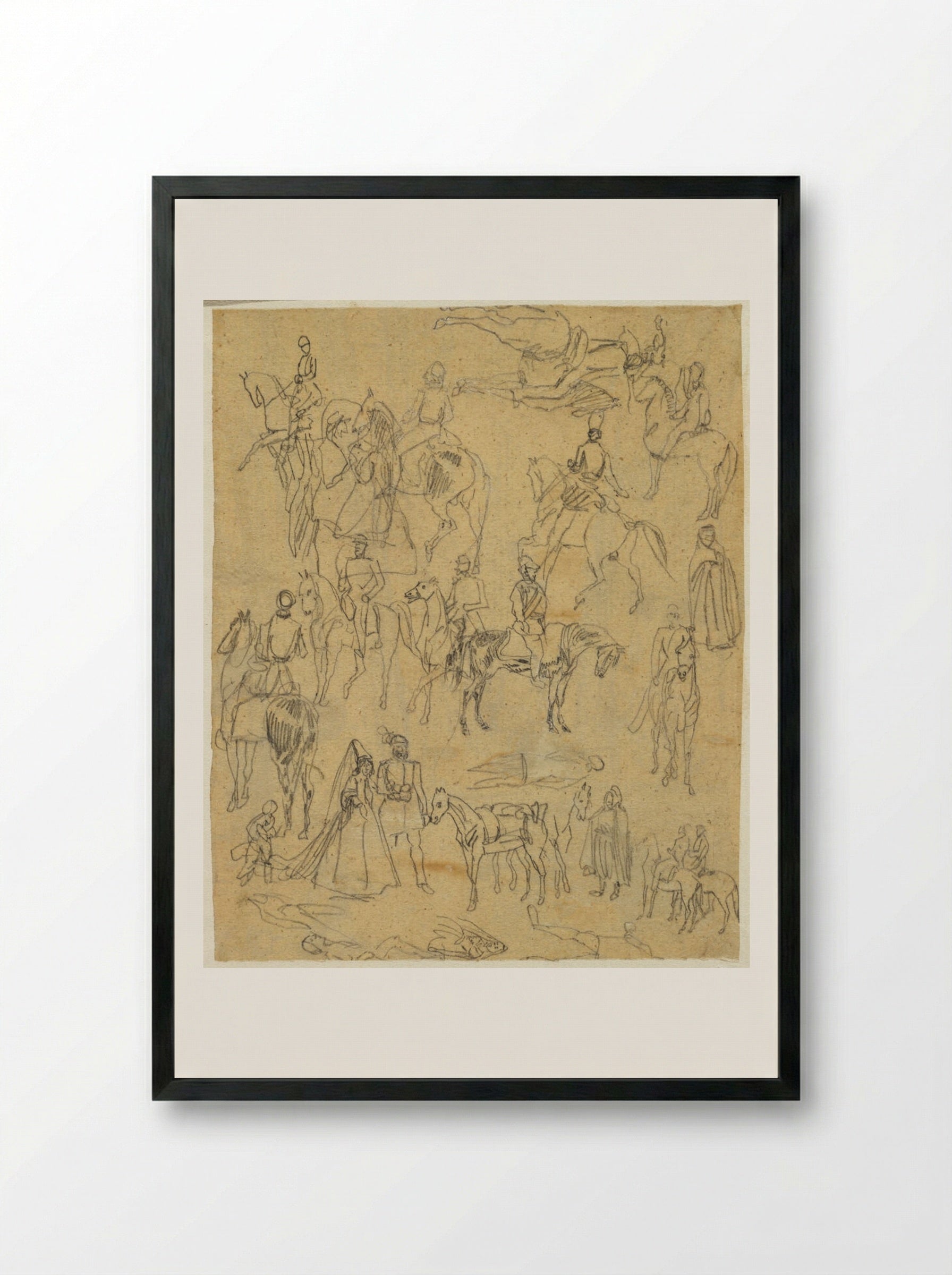 Studies of Soldiers, Couple Walking - Rodolphe Bresdin - Framed Print Black
