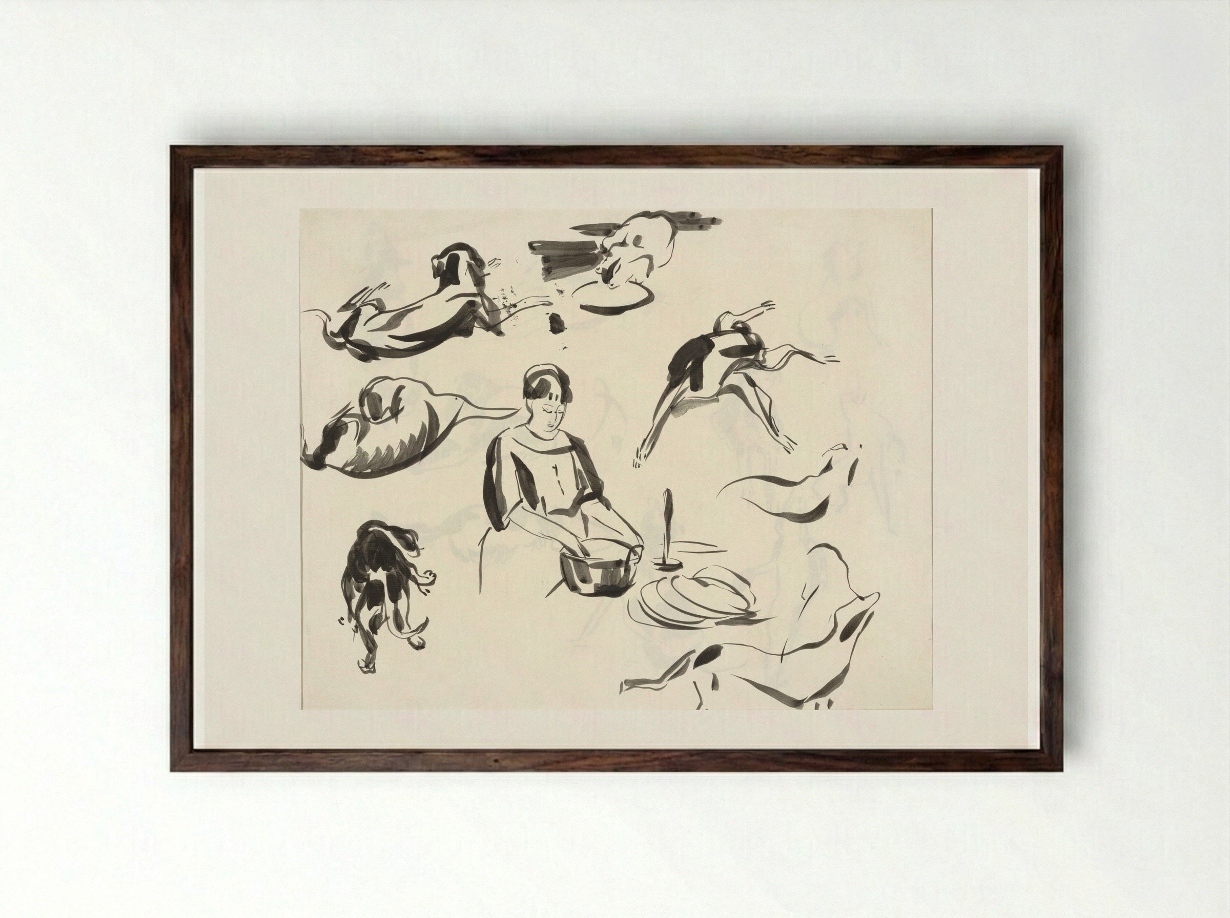 Studies of a Dog, a Cat, and a Woman at the Kitchen Counter - Rik Wouters - Framed Print Dark Wood