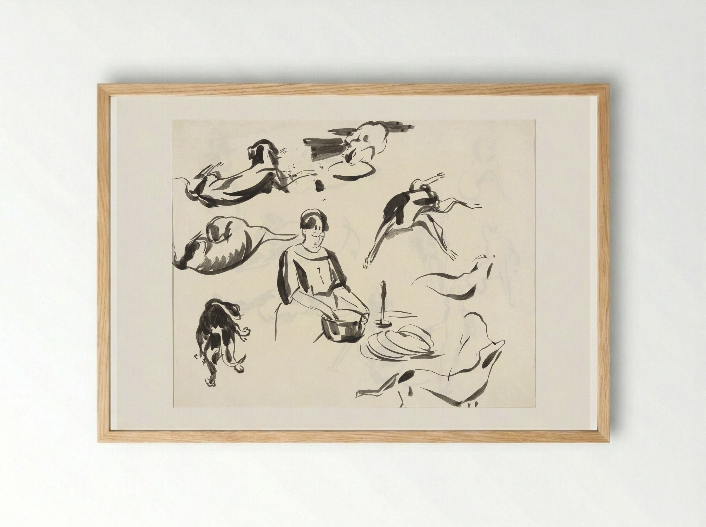 Studies of a Dog, a Cat, and a Woman at the Kitchen Counter - Rik Wouters - Framed Print Wood