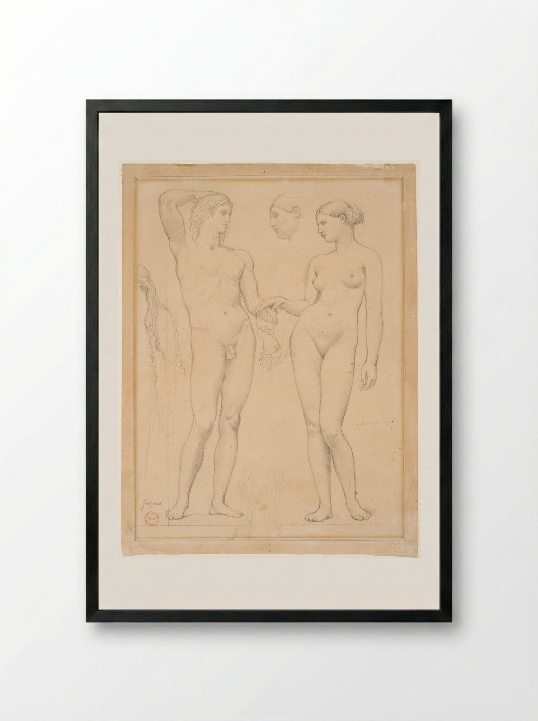 Studies of a Man and a Woman for The Golden Age - Jean-Auguste-Dominique Ingres - Framed Print Black