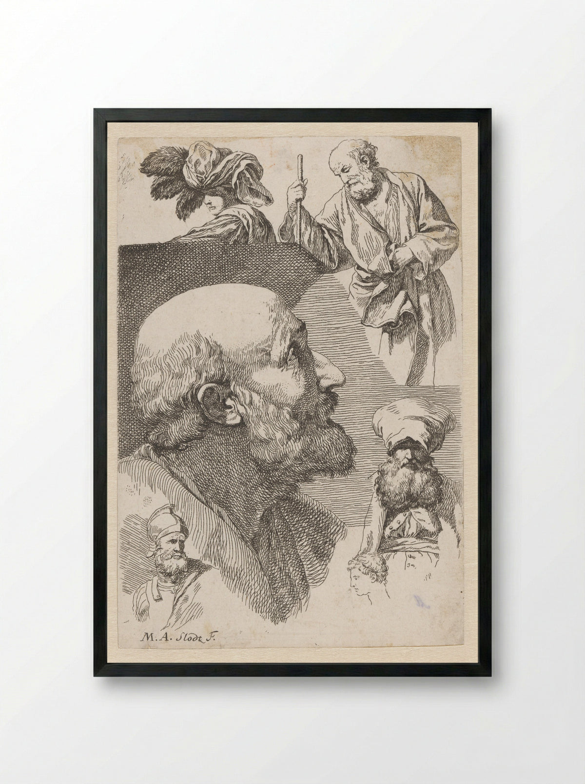 Studies van verschillende figuren en hoofden - René Michel Slodtz - Framed Print Black