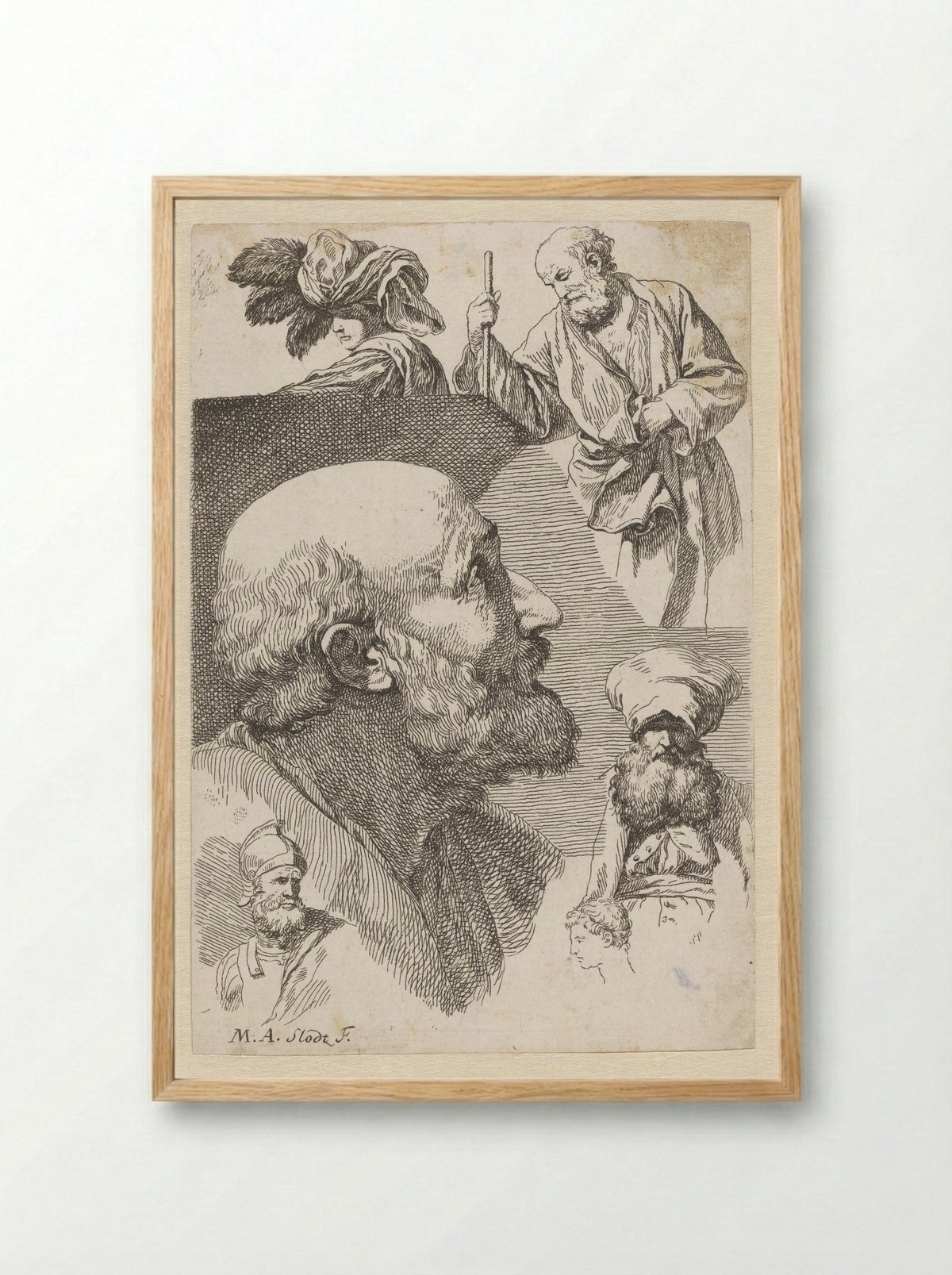 Studies van verschillende figuren en hoofden - René Michel Slodtz - Framed Print Wood