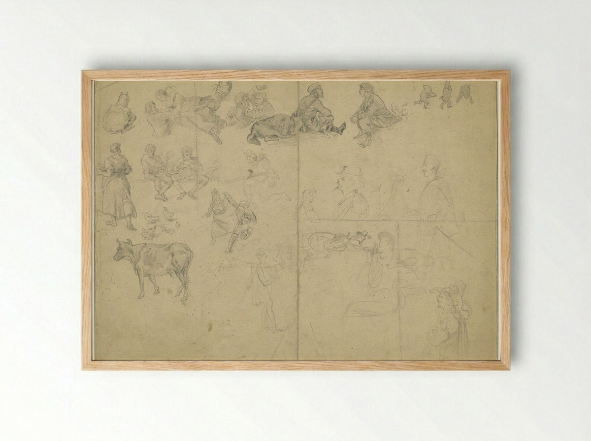 Study Sheet with Figures, Animals, and Fantasy Characters - Ludwig Munthe - Framed Print Wood