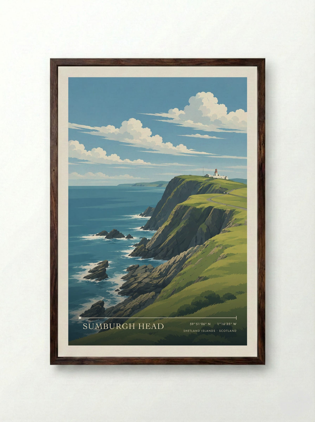 Sumburgh Head, Shetland Islands | Travel Poster - Framed Print Dark Wood