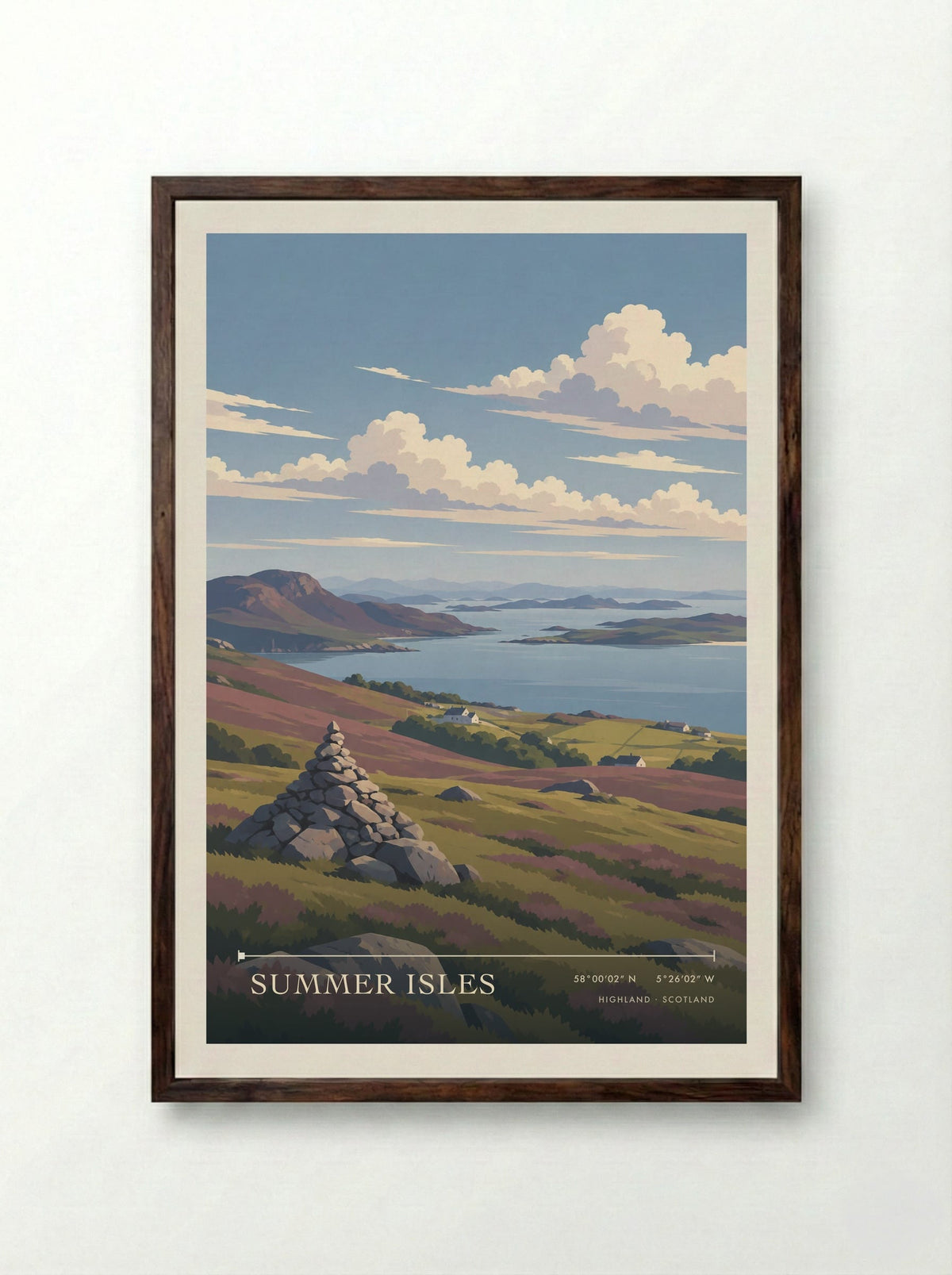 Summer Isles, Highland | Travel Poster - Framed Print Dark Wood