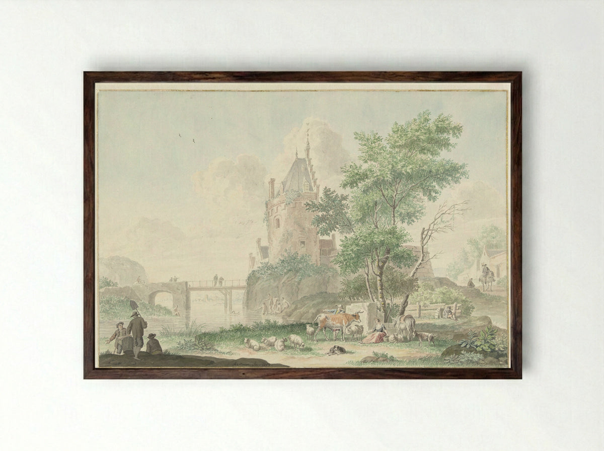 Summer Landscape with Figures and Cattle - Nicolaes Aartman - Framed Print Dark Wood