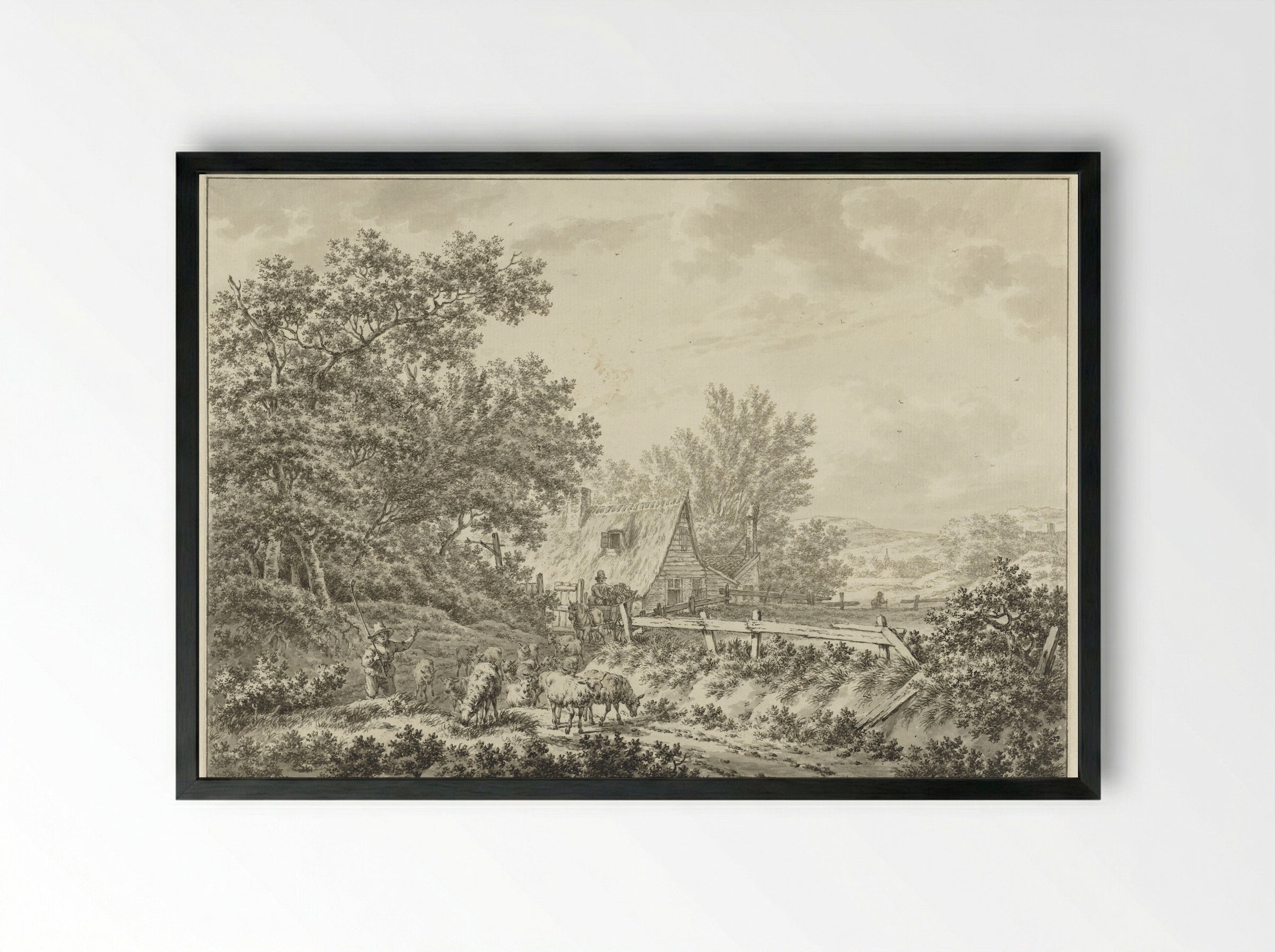 Summer Landscape with Shepherd near a Farmhouse - Jacob Cats - Framed Print Black