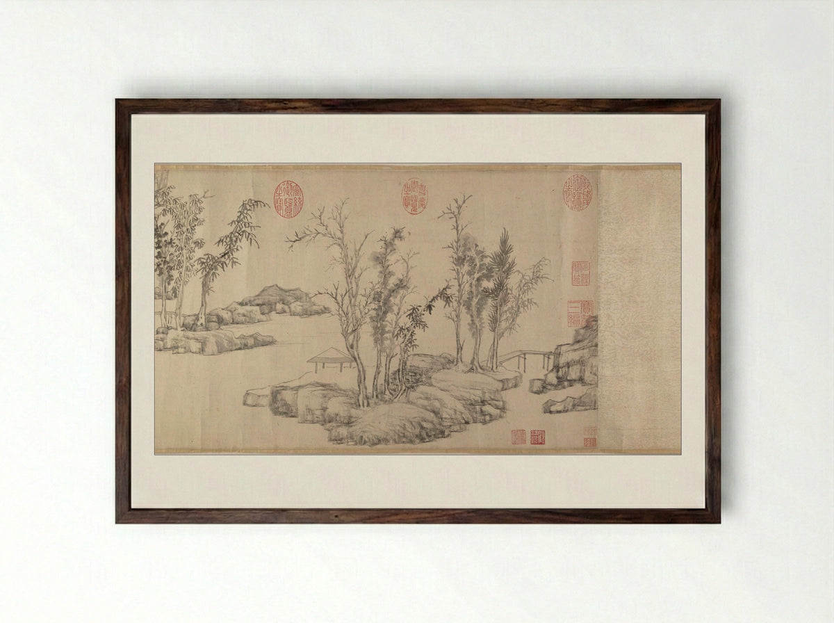 Summer Retreat in the Eastern Grove - Wen Zhengming - Framed Print Dark Wood