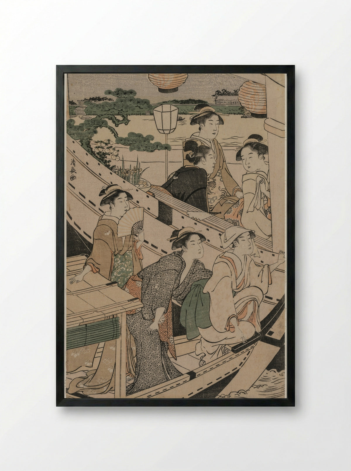 Summer Twilight on the Banks of the Sumida River - Torii Kiyonaga - Framed Print Black