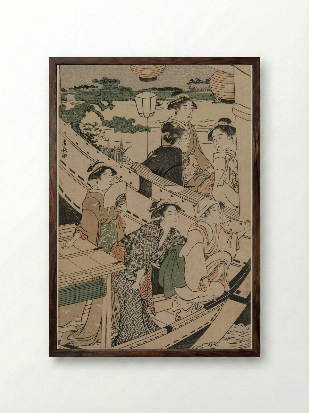 Summer Twilight on the Banks of the Sumida River - Torii Kiyonaga - Framed Print Dark Wood