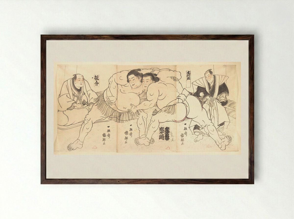 Sumo Wrestling - Utagawa Kuniteru - Framed Print Dark Wood