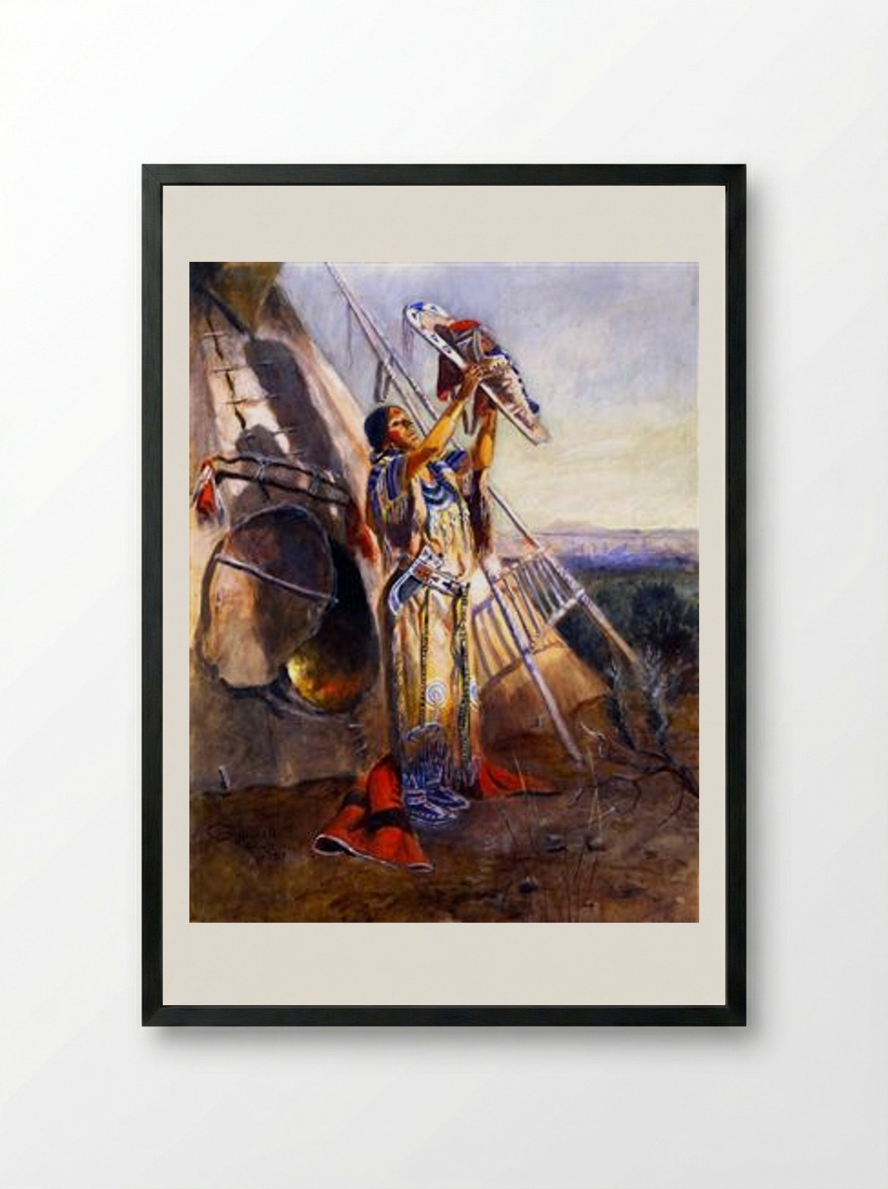 Sun Worship in Montana - Charles M. Russell - Framed Print Black