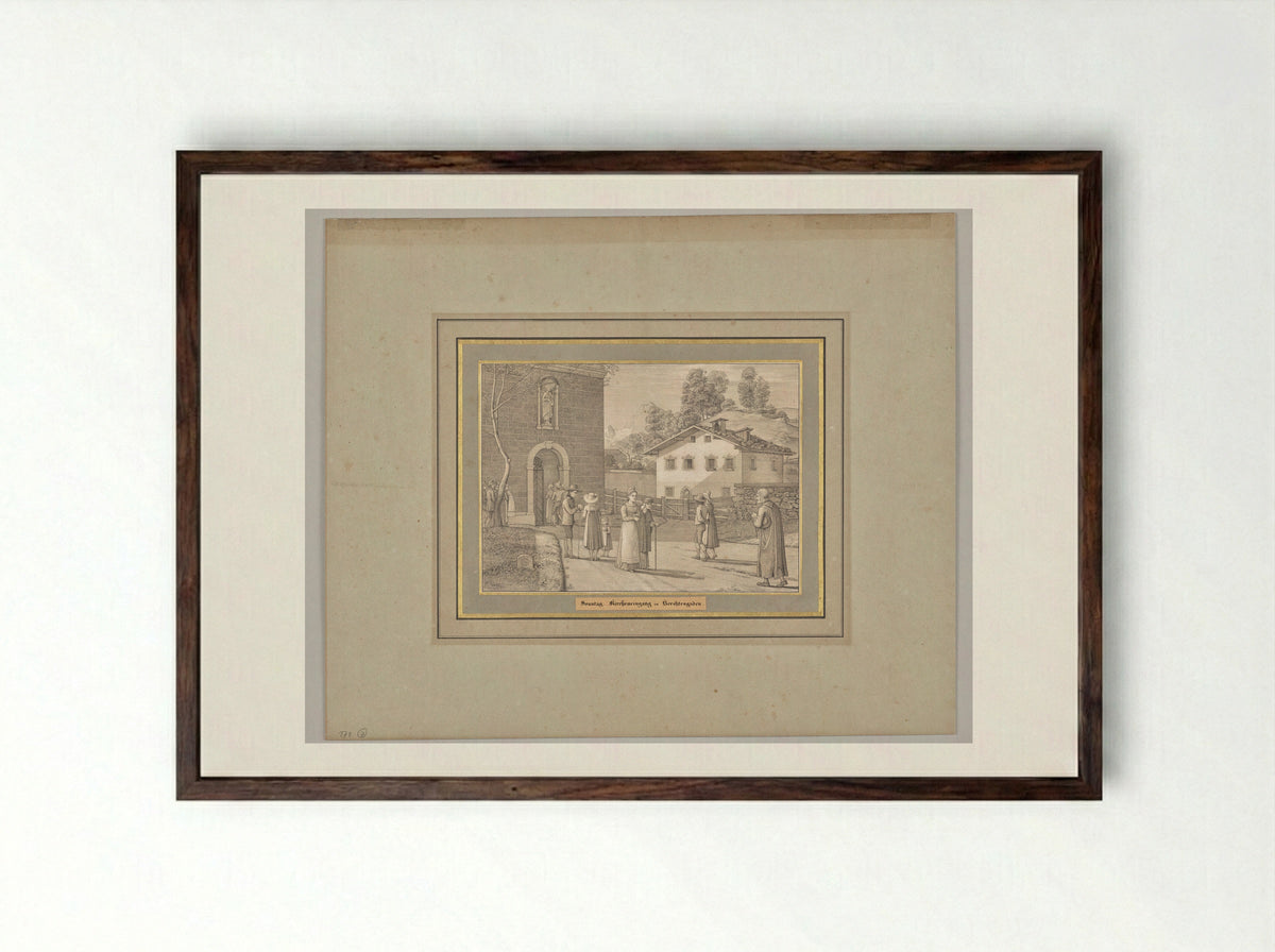 Sunday. Church entrance in Berchtesgaden - Ferdinand Olivier - Framed Print Dark Wood