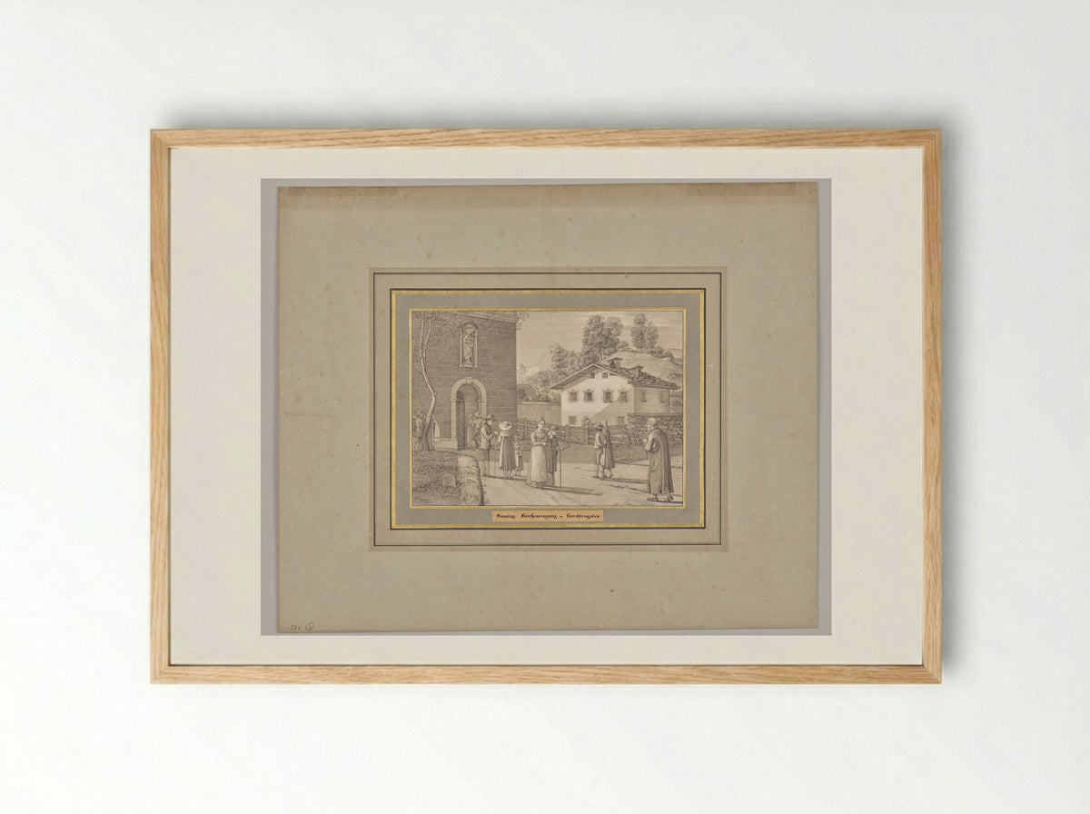 Sunday. Church entrance in Berchtesgaden - Ferdinand Olivier - Framed Print Wood