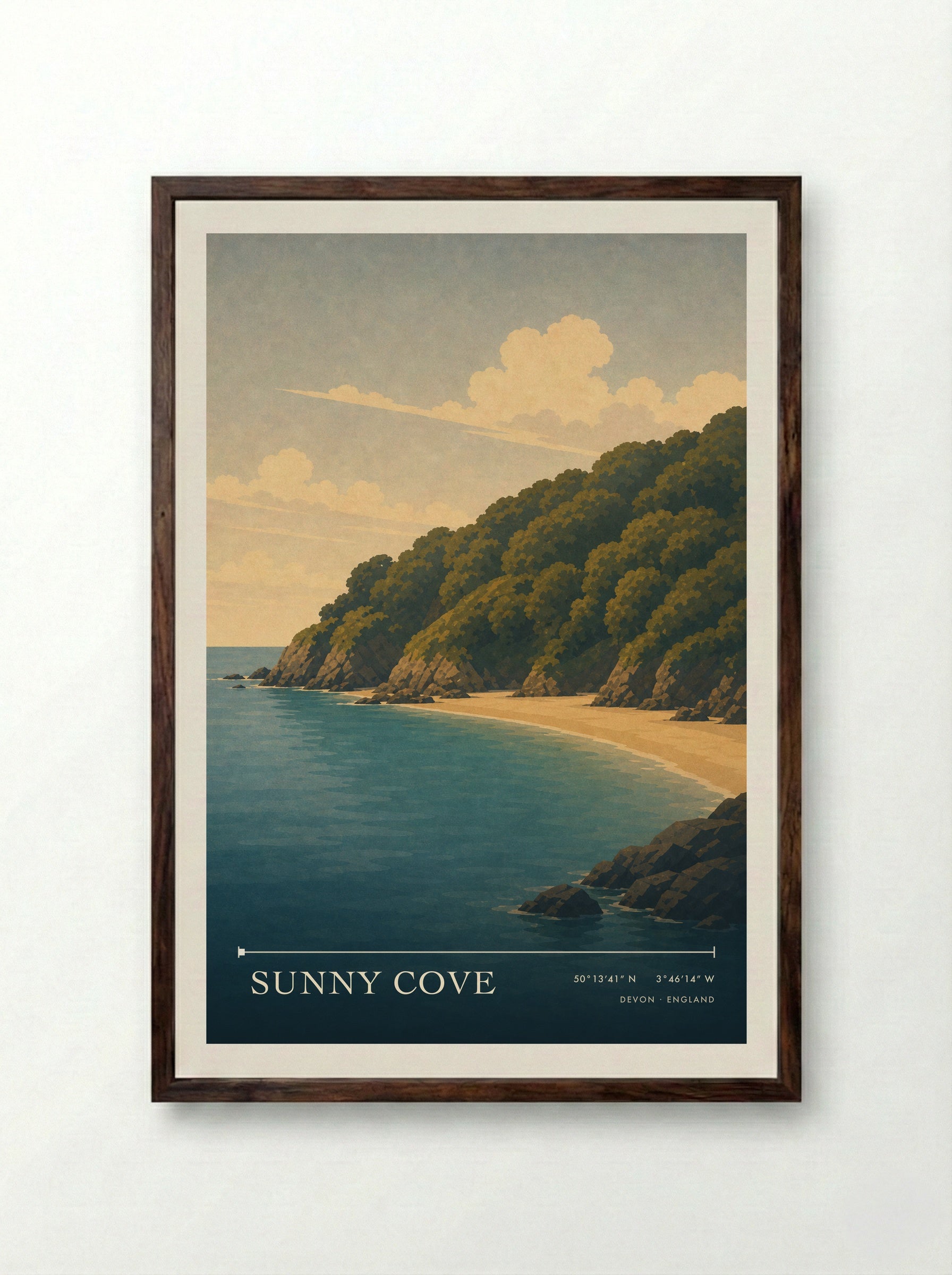 Sunny Cove Devon England Travel Poster - Framed Print Dark Wood