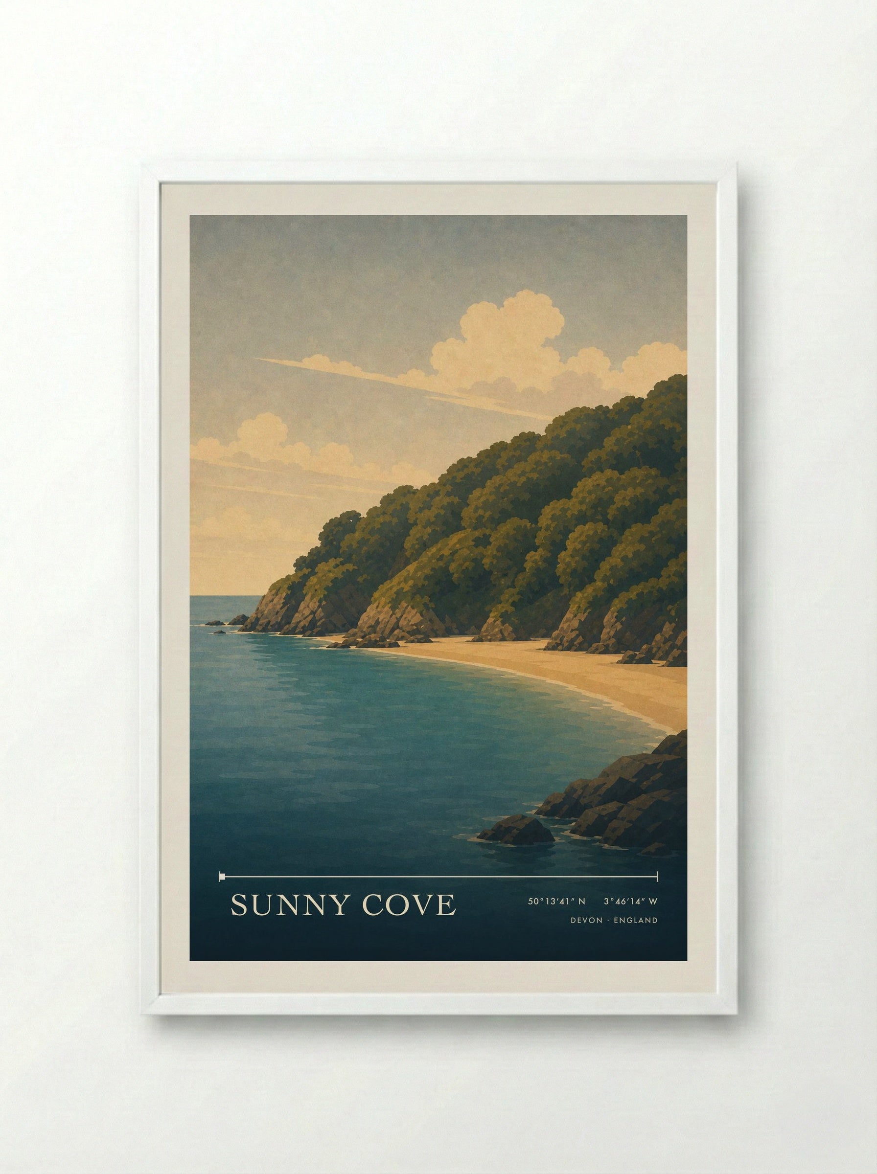 Sunny Cove Devon England Travel Poster - Framed Print White