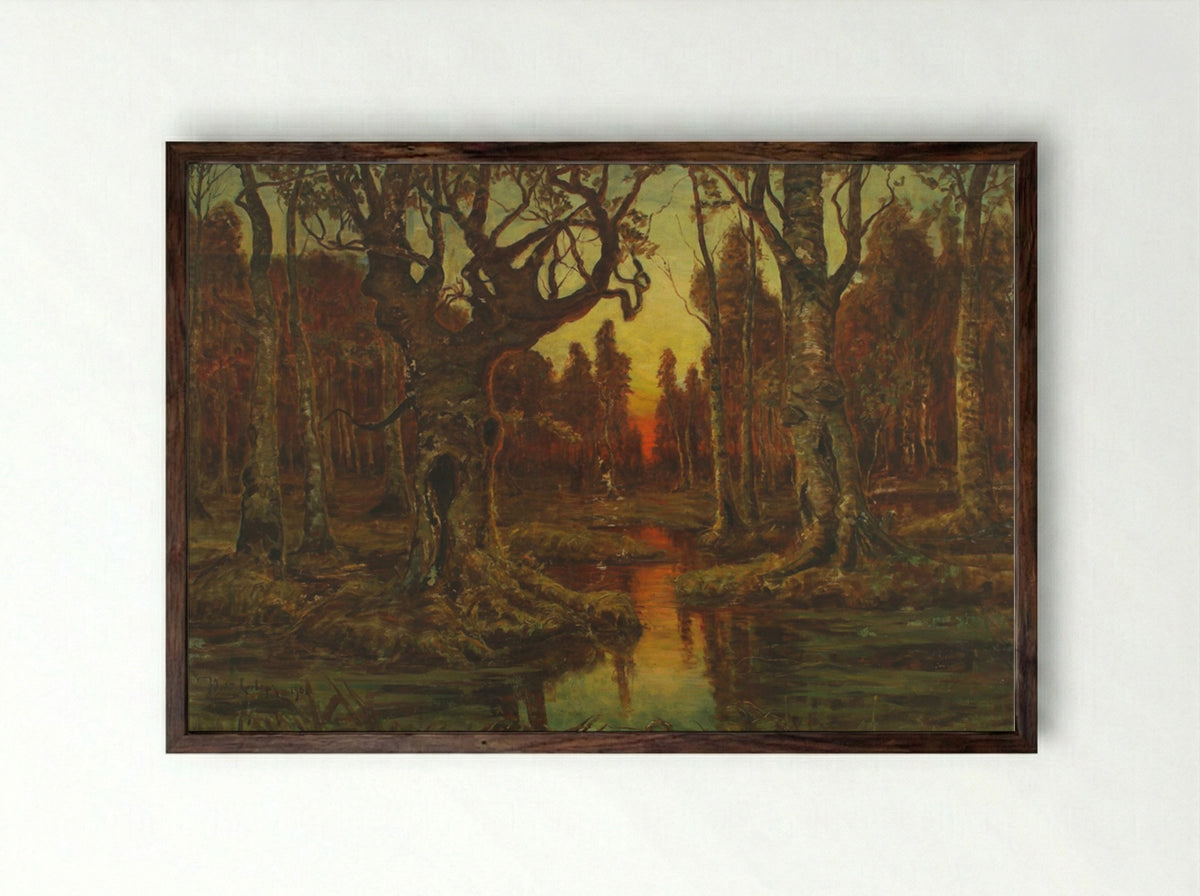 Sunset in a Swamp - Julius Sergius von Klever - Framed Print Dark Wood