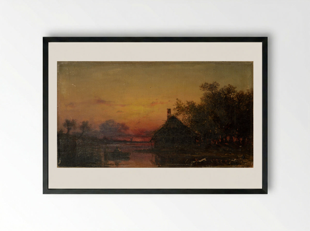 Sunset over a River with Cottage - Julius Sergius von Klever - Framed Print Black