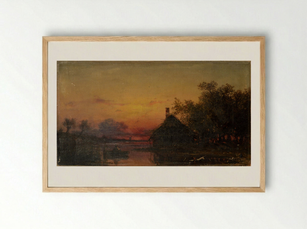 Sunset over a River with Cottage - Julius Sergius von Klever - Framed Print Wood