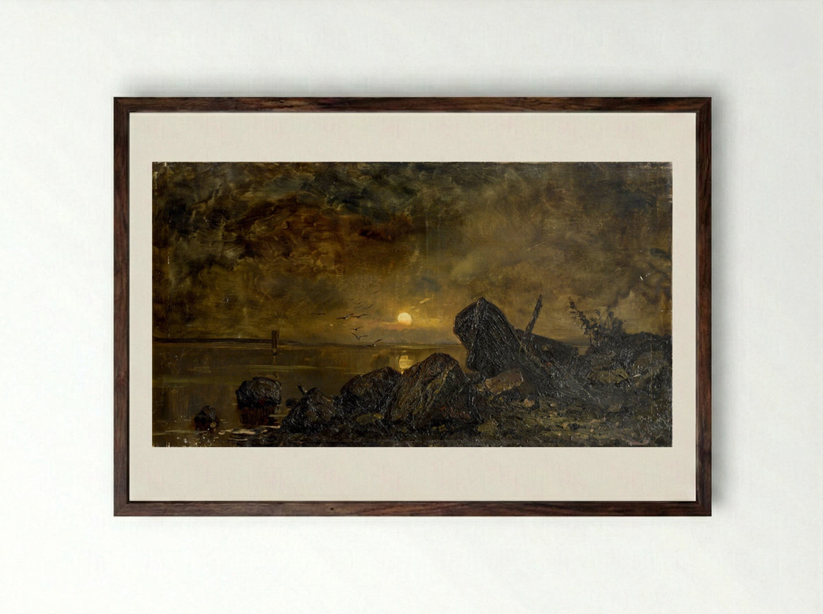 Sunset over the Lake - Julius Sergius von Klever - Framed Print Dark Wood