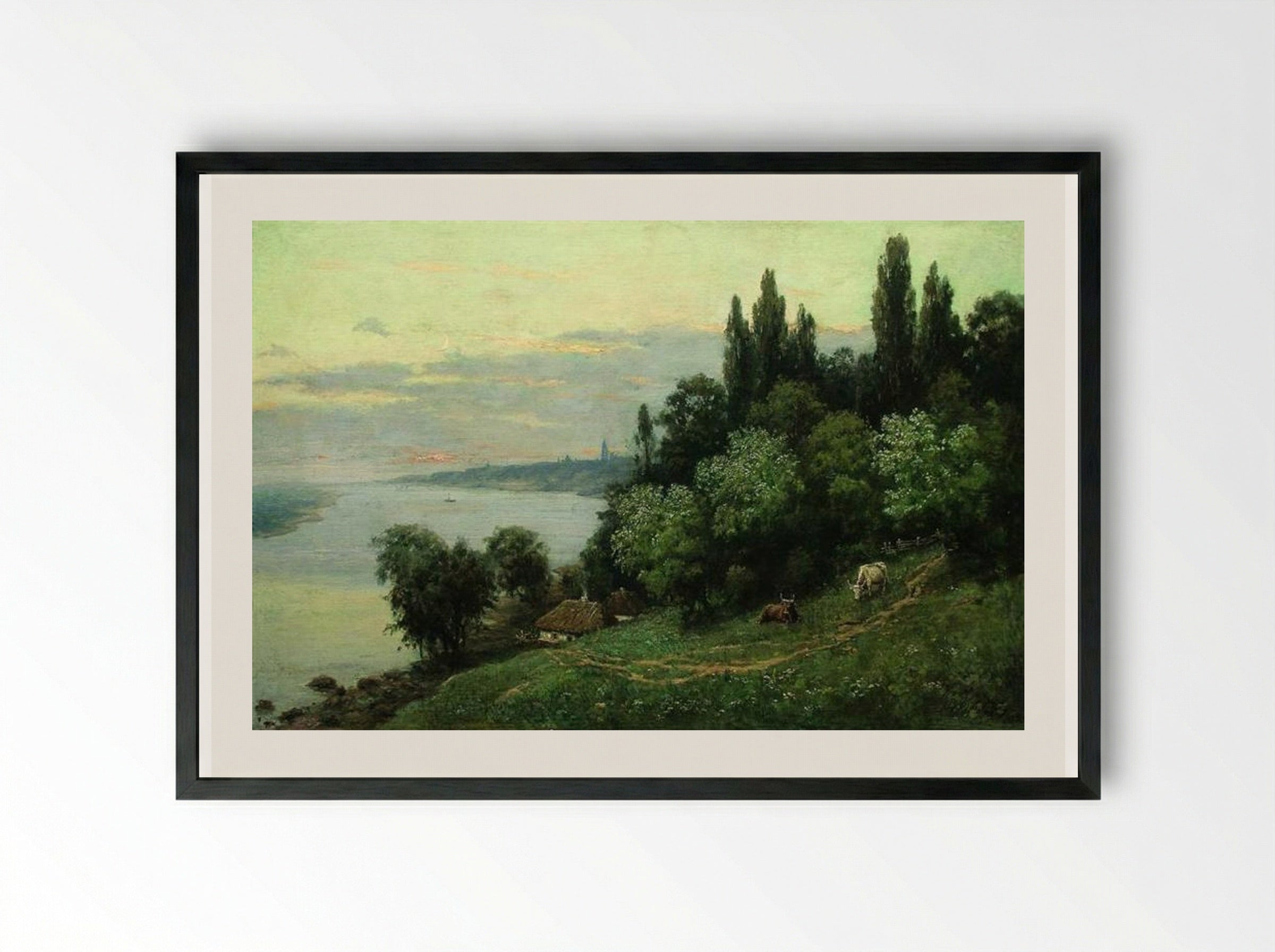 Sunset over the river - Volodymyr Orlovsky - Framed Print Black