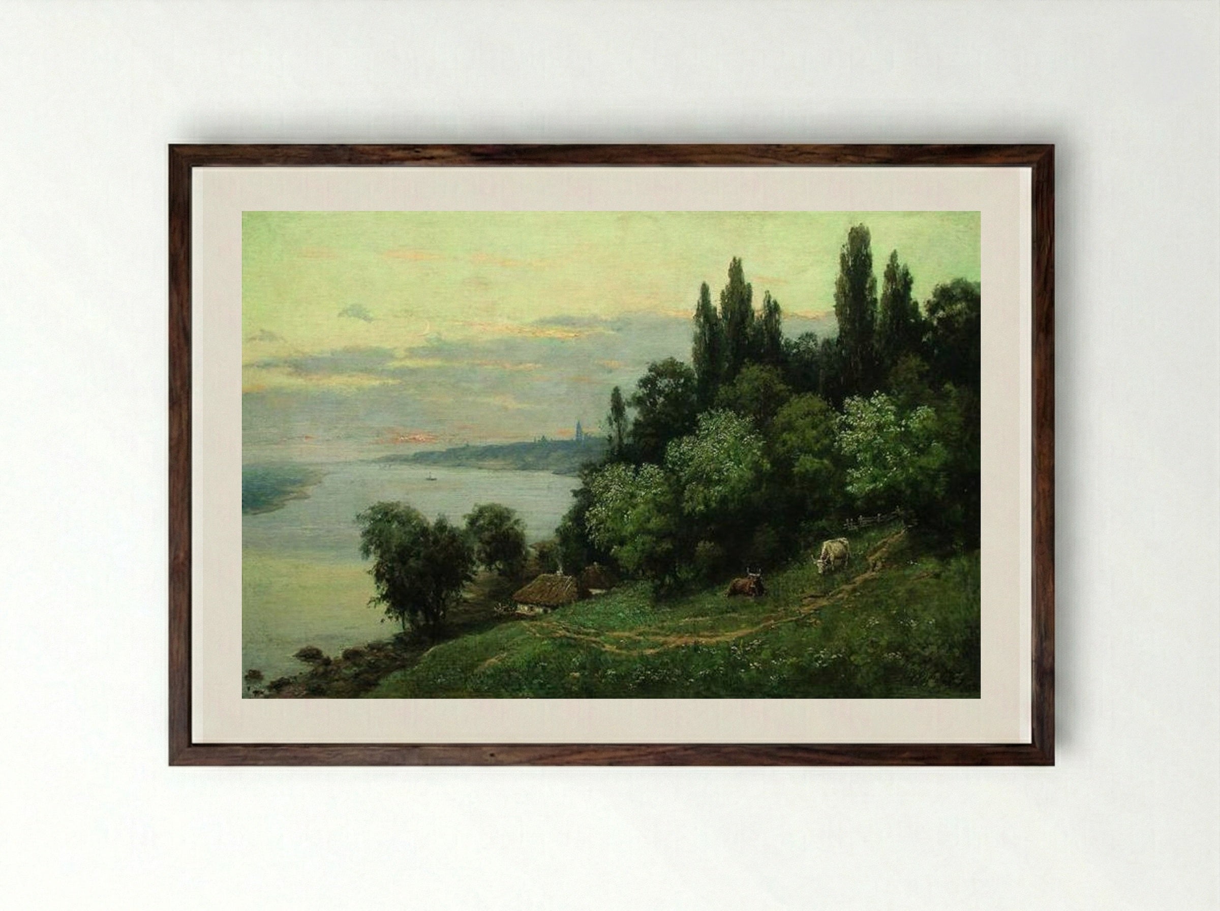 Sunset over the river - Volodymyr Orlovsky - Framed Print Dark Wood