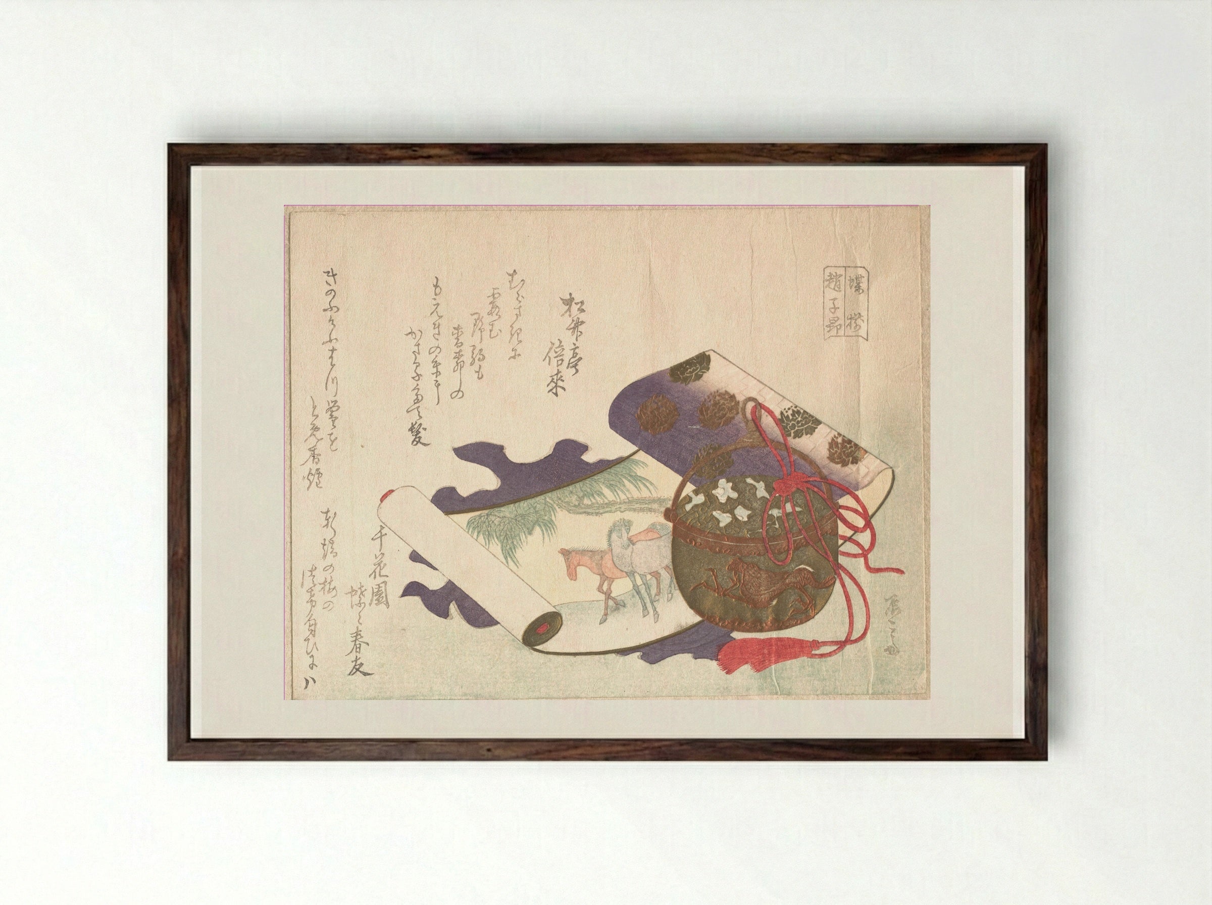 Surimono with Scroll Painting of Horses and Incense Burner - Ryūryūkyo Shinsai - Framed Print Dark Wood