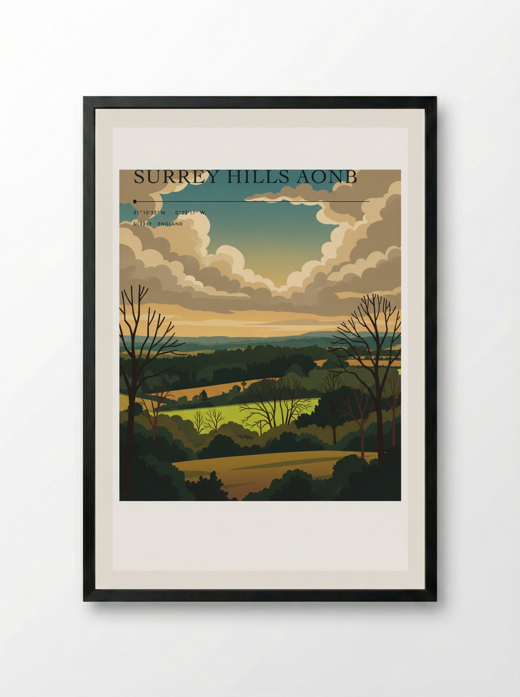 Surrey Hills AONB England Travel Poster - Framed Print Black
