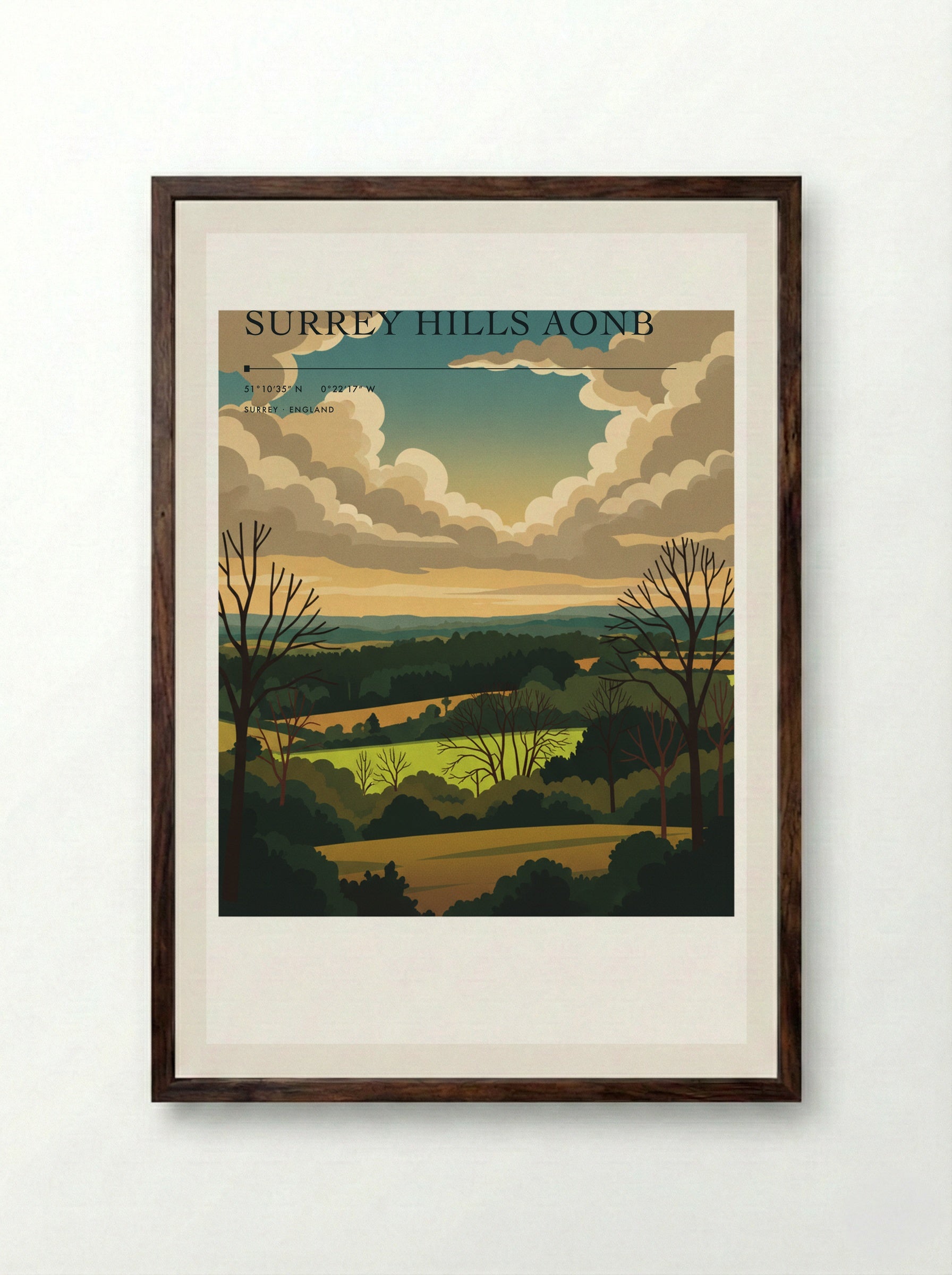 Surrey Hills AONB England Travel Poster - Framed Print Dark Wood