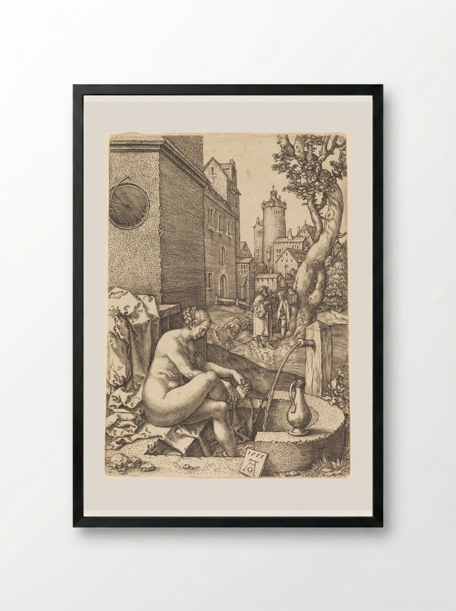 Susanna Surprised by the Elders - Heinrich Aldegrever - Framed Print Black