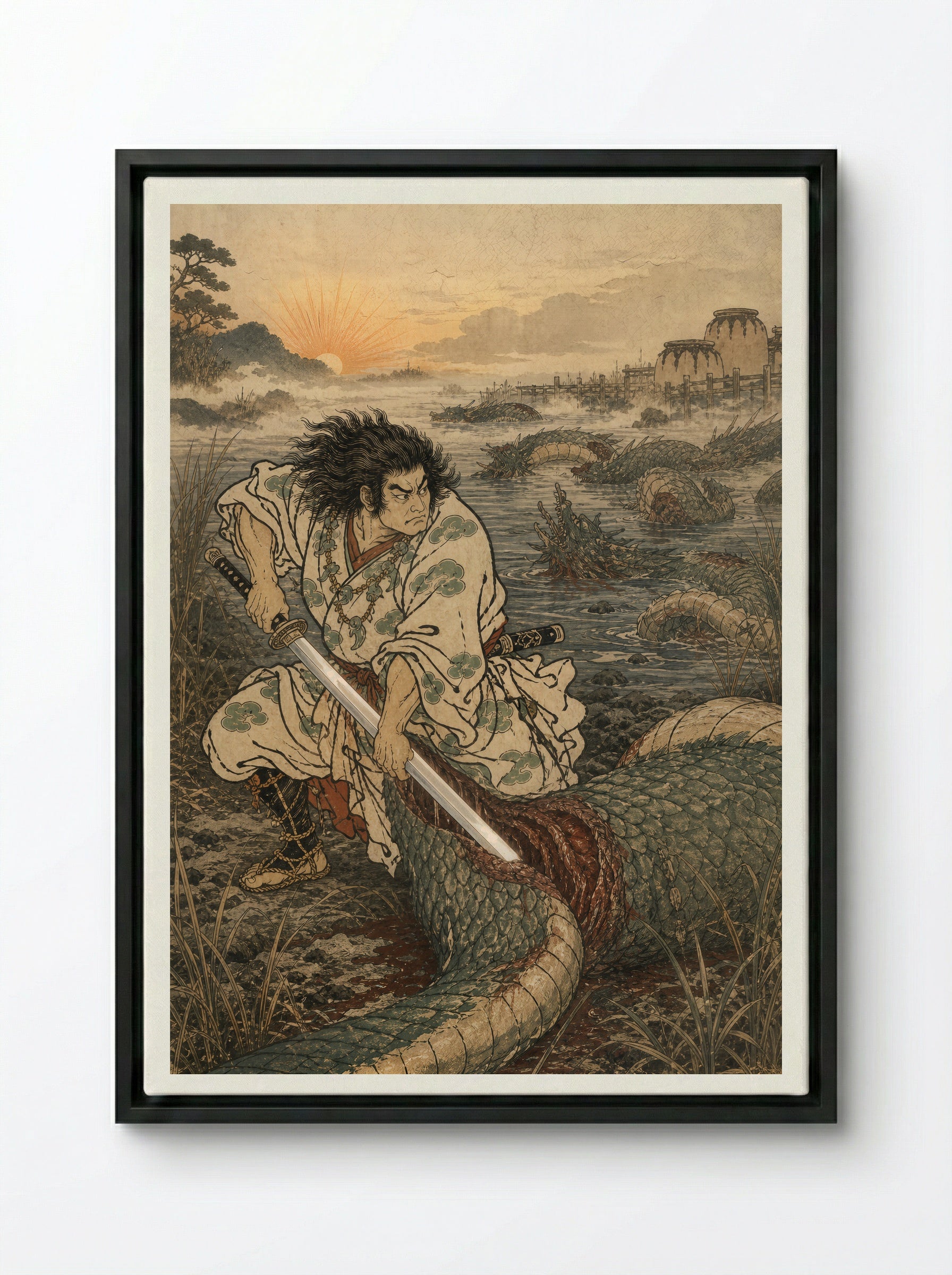 Susanoo and Yamata no Orochi: Susanoo strikes the final coil - Framed Canvas Black