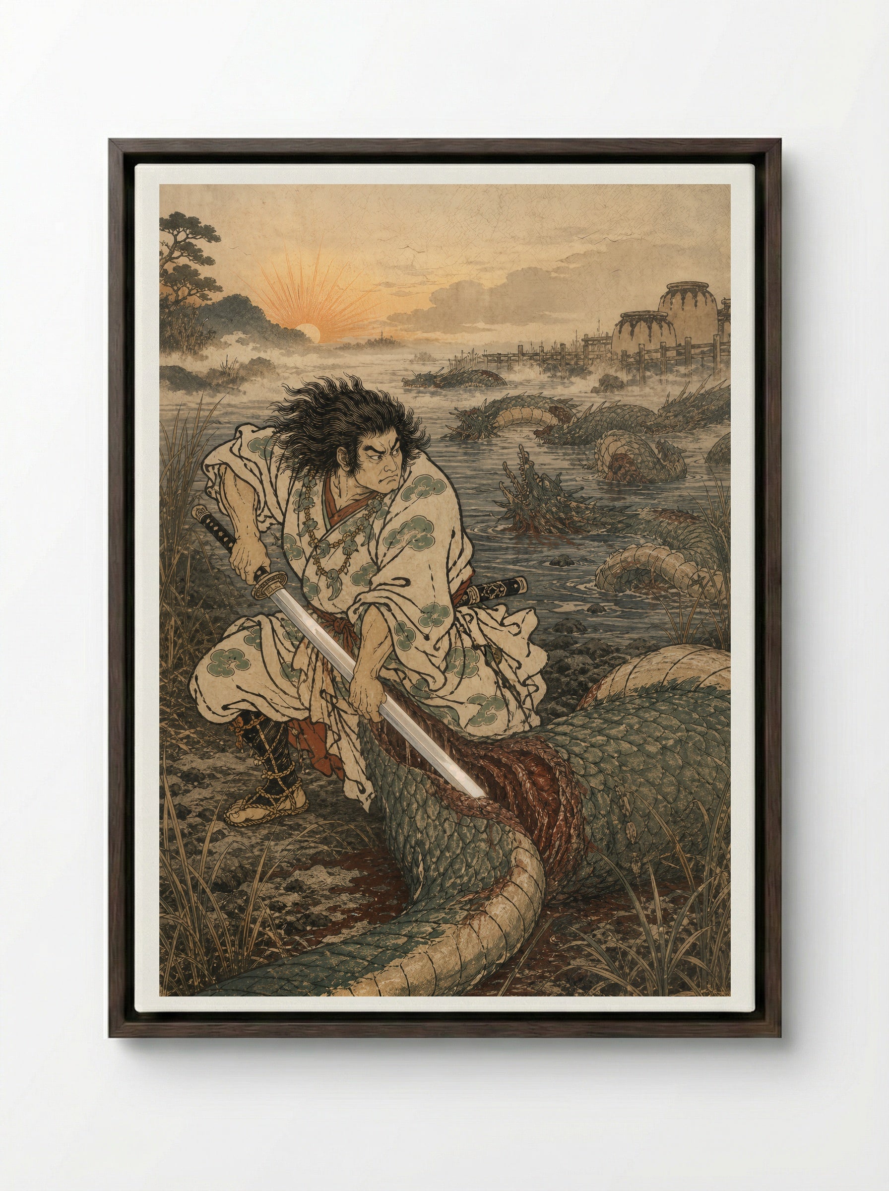 Susanoo and Yamata no Orochi: Susanoo strikes the final coil - Framed Canvas Dark Wood