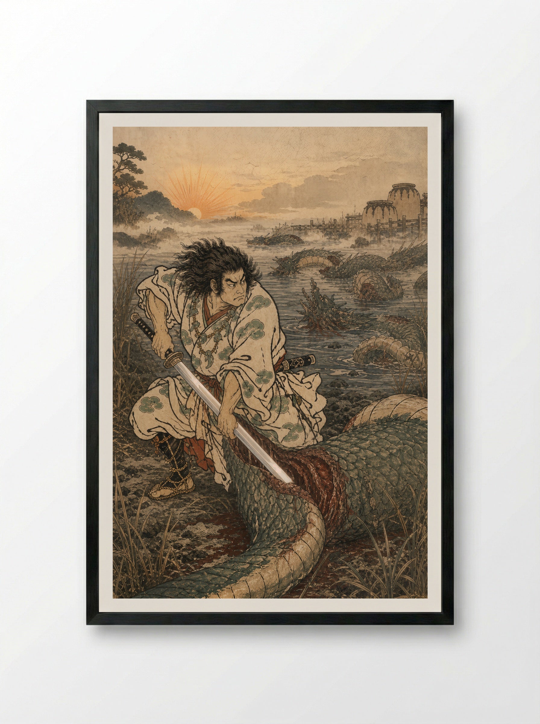 Susanoo and Yamata no Orochi: Susanoo strikes the final coil - Framed Print Black