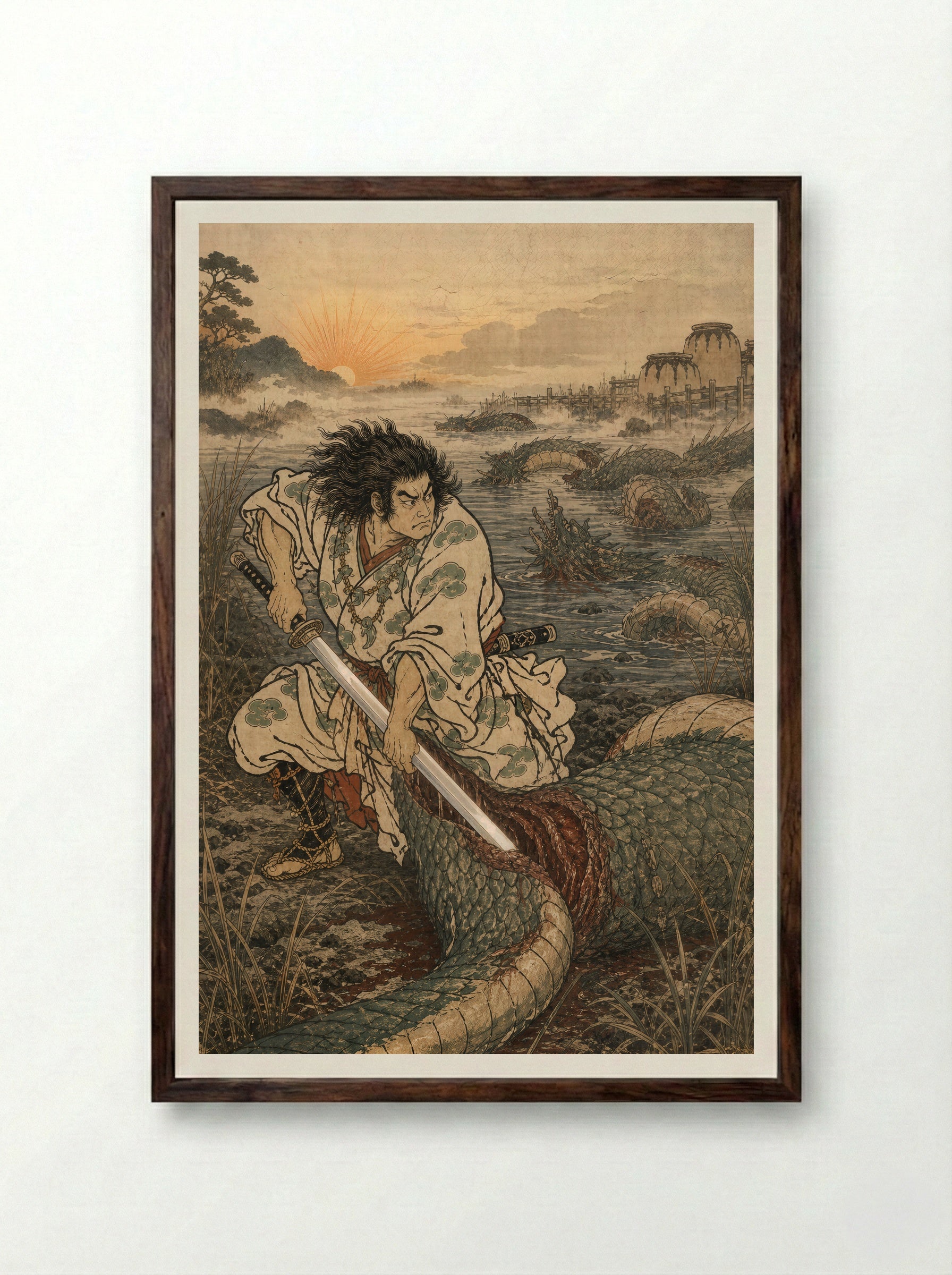 Susanoo and Yamata no Orochi: Susanoo strikes the final coil - Framed Print Dark Wood