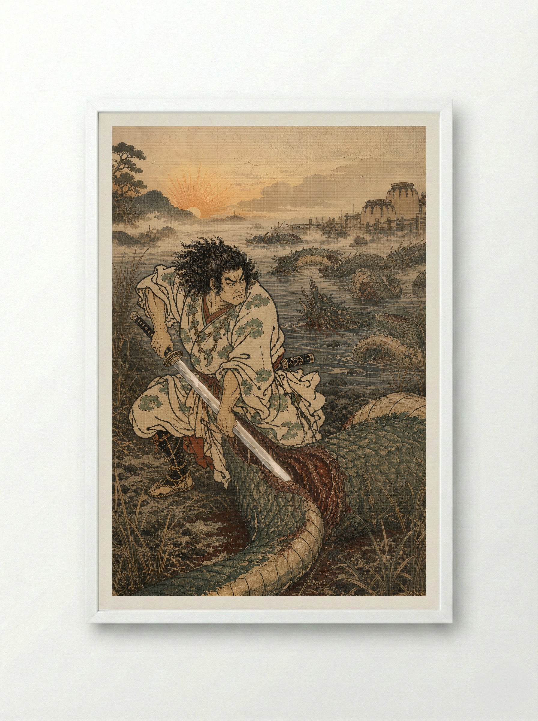 Susanoo and Yamata no Orochi: Susanoo strikes the final coil - Framed Print White