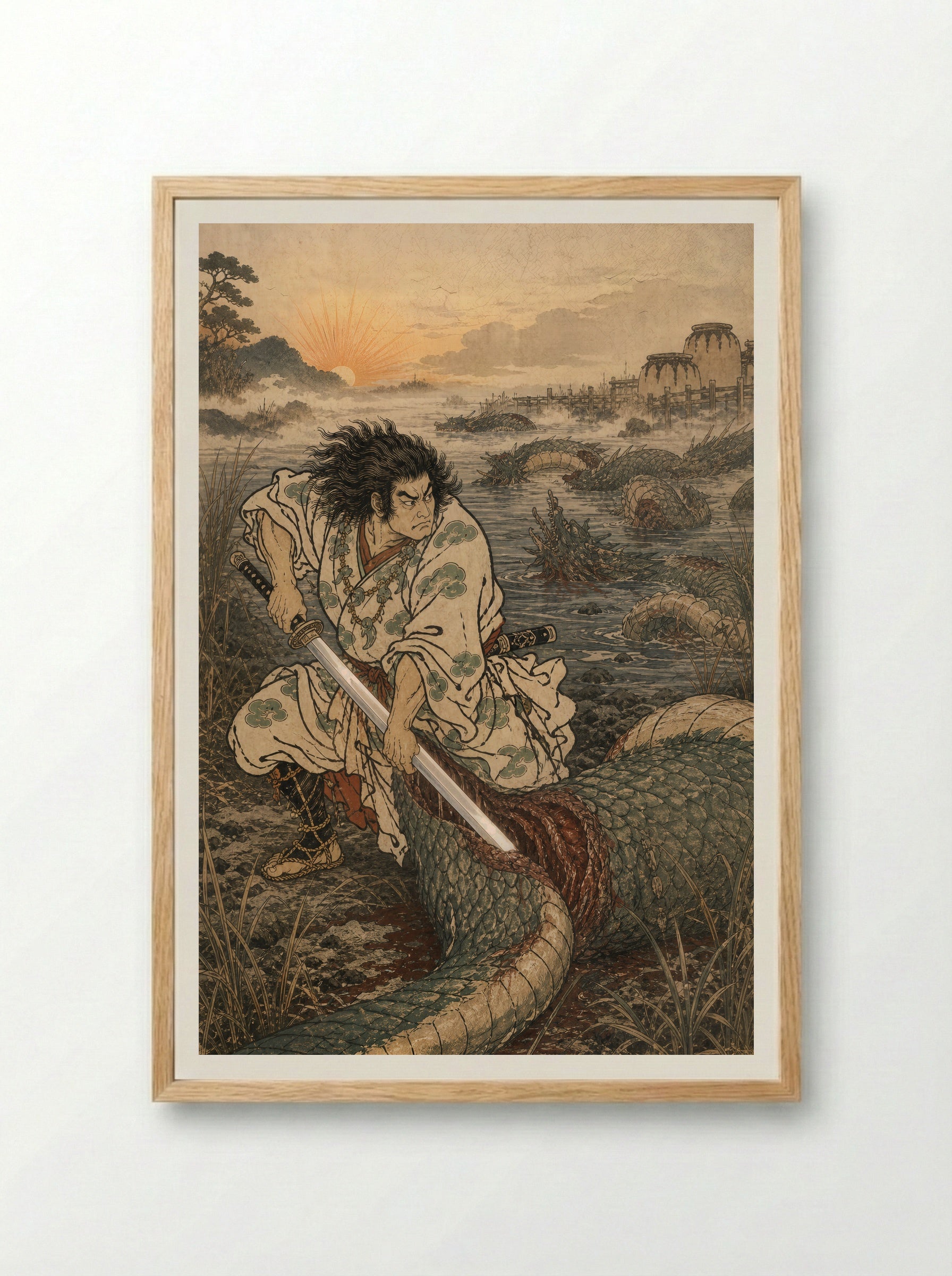 Susanoo and Yamata no Orochi: Susanoo strikes the final coil - Framed Print Wood