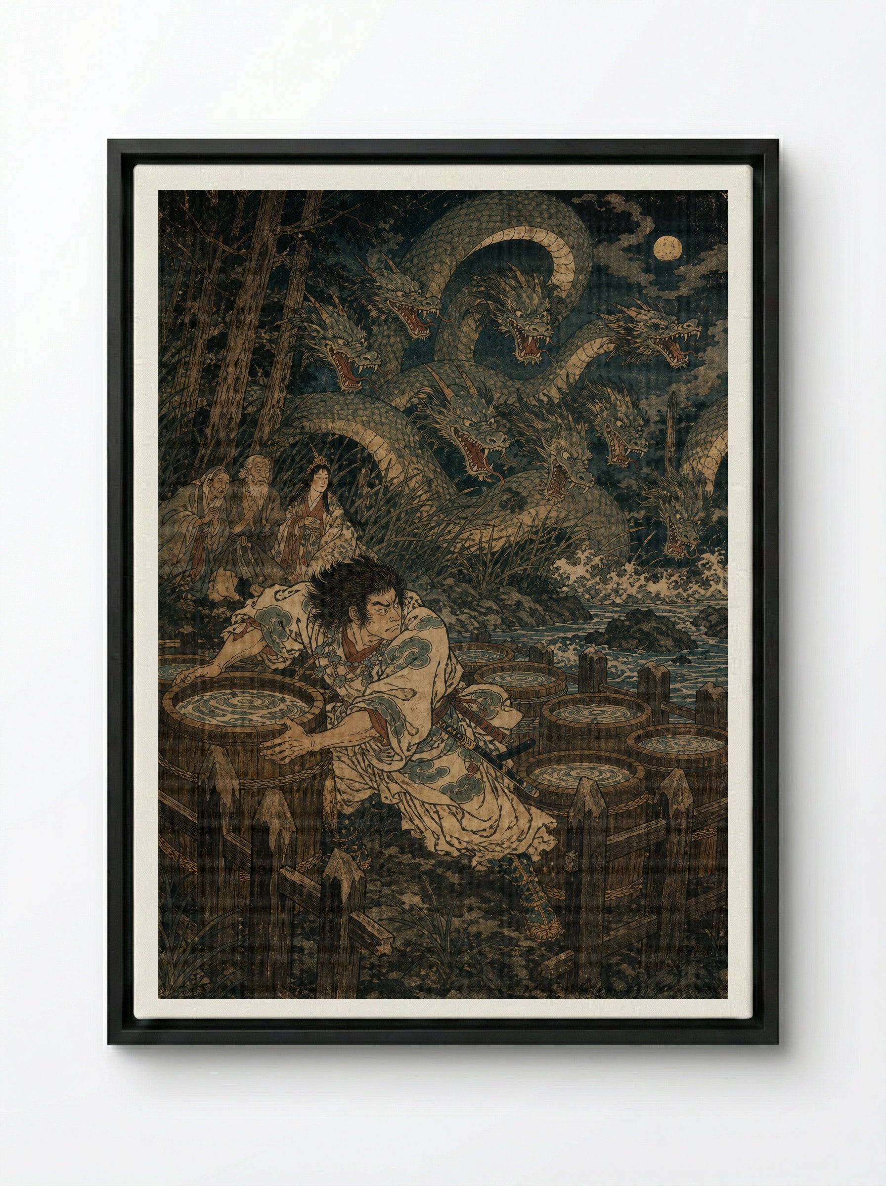 Susanoo and Yamata no Orochi: The eight vats are prepared - Framed Canvas Black