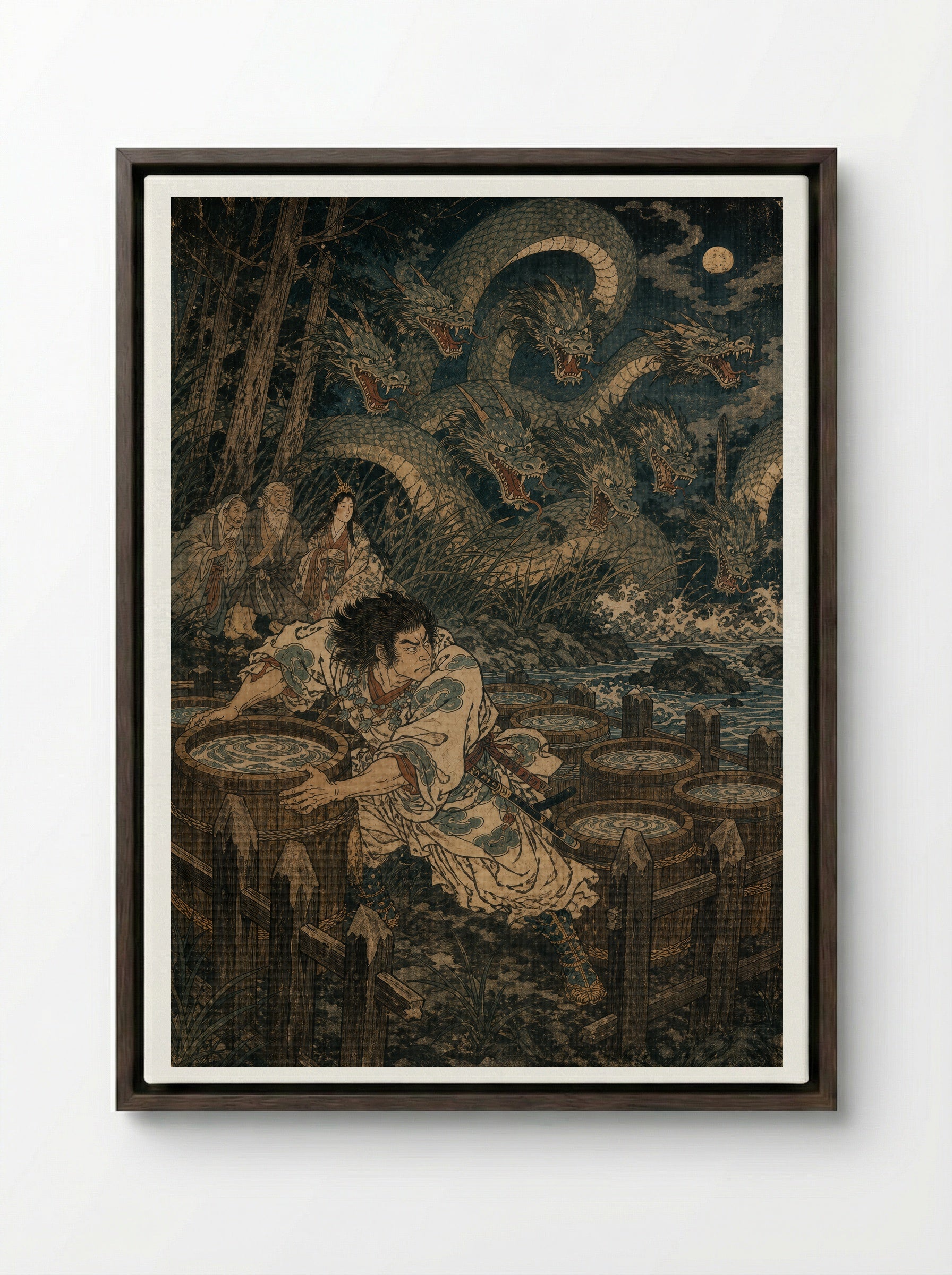 Susanoo and Yamata no Orochi: The eight vats are prepared - Framed Canvas Dark Wood