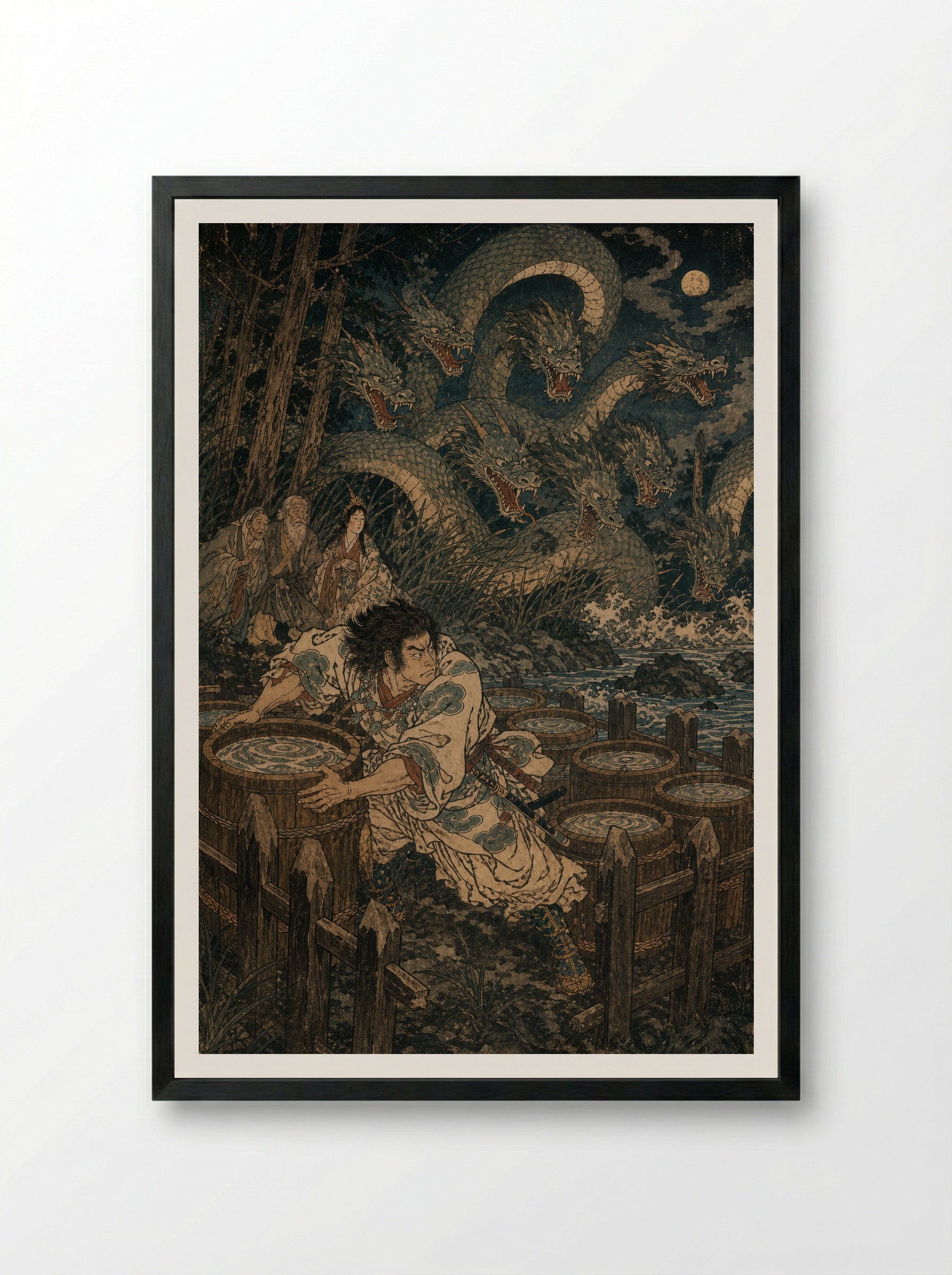 Susanoo and Yamata no Orochi: The eight vats are prepared - Framed Print Black