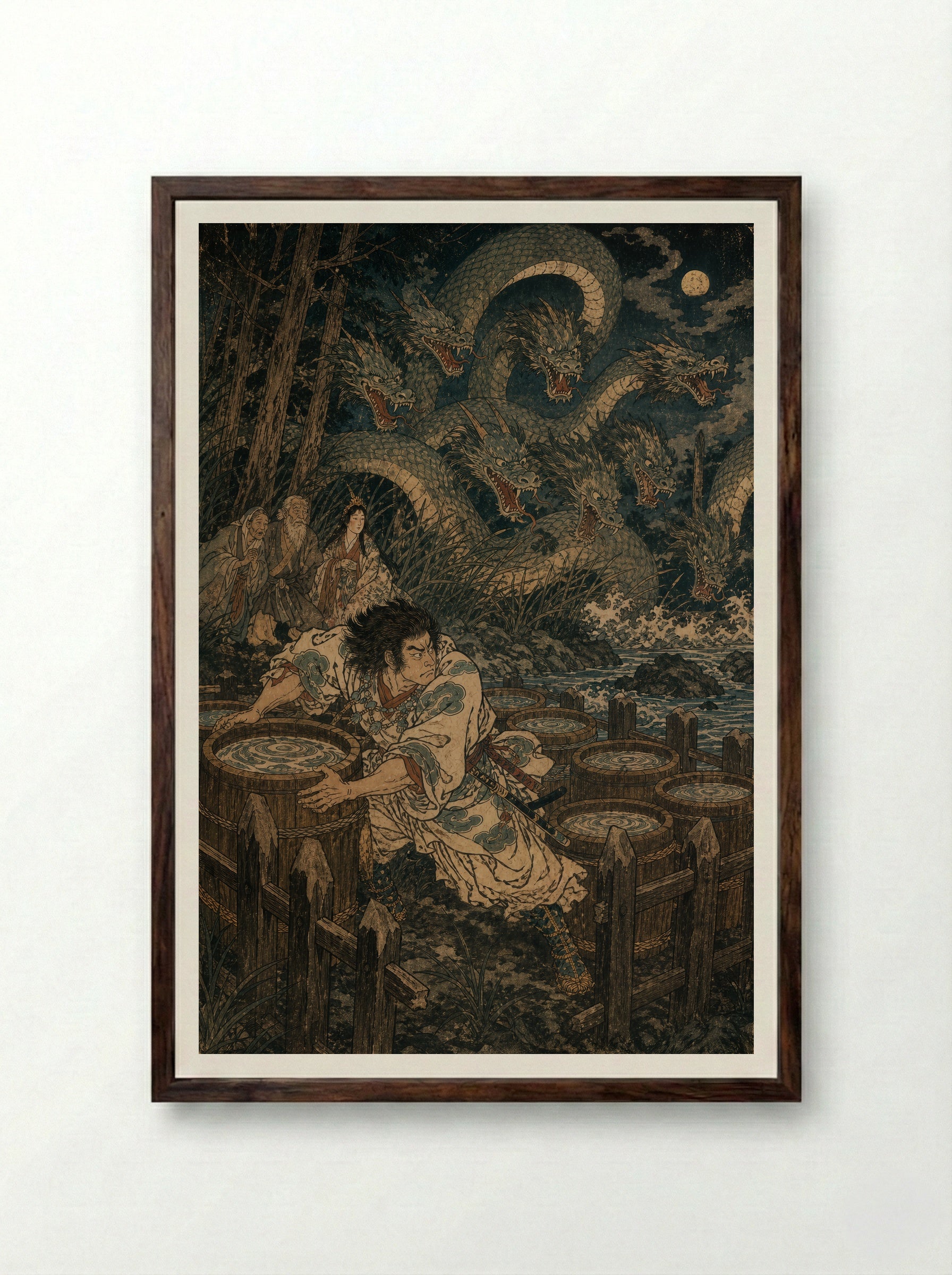 Susanoo and Yamata no Orochi: The eight vats are prepared - Framed Print Dark Wood