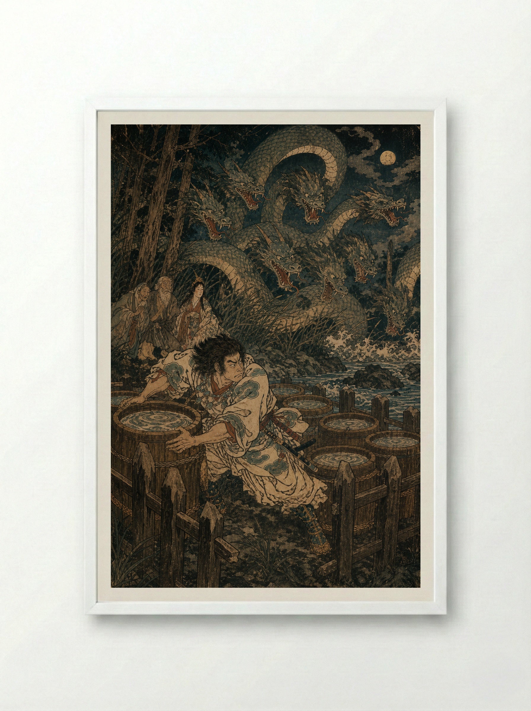 Susanoo and Yamata no Orochi: The eight vats are prepared - Framed Print White