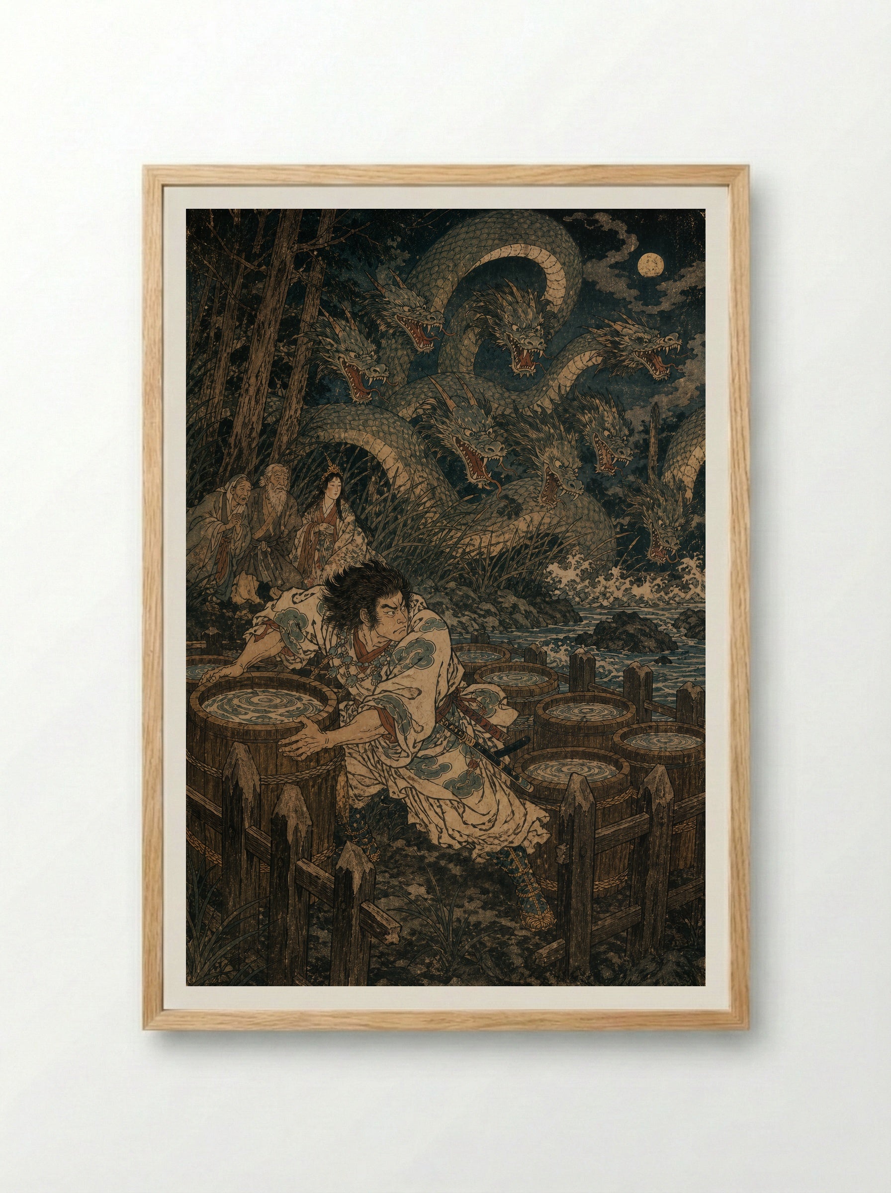 Susanoo and Yamata no Orochi: The eight vats are prepared - Framed Print Wood