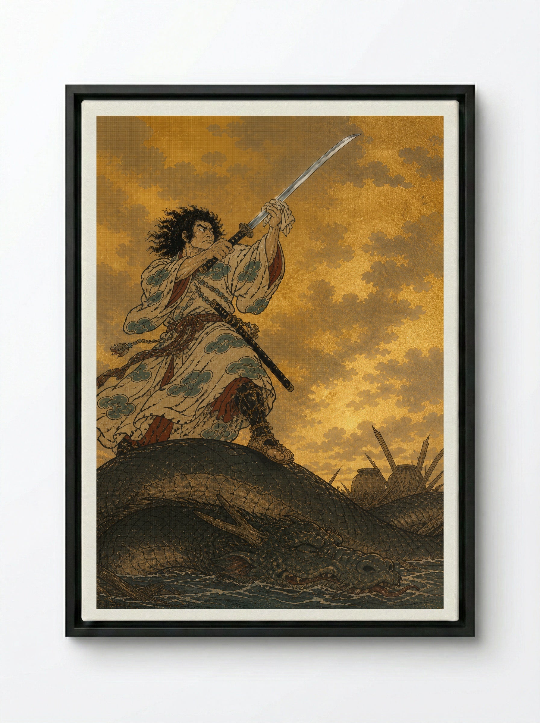 Susanoo and Yamata no Orochi: The recovered sword rests - Framed Canvas Black