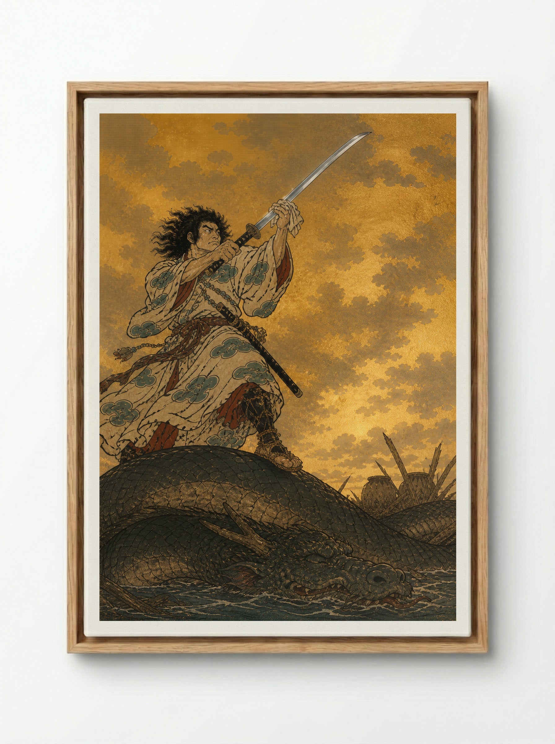 Susanoo and Yamata no Orochi: The recovered sword rests - Framed Canvas Wood