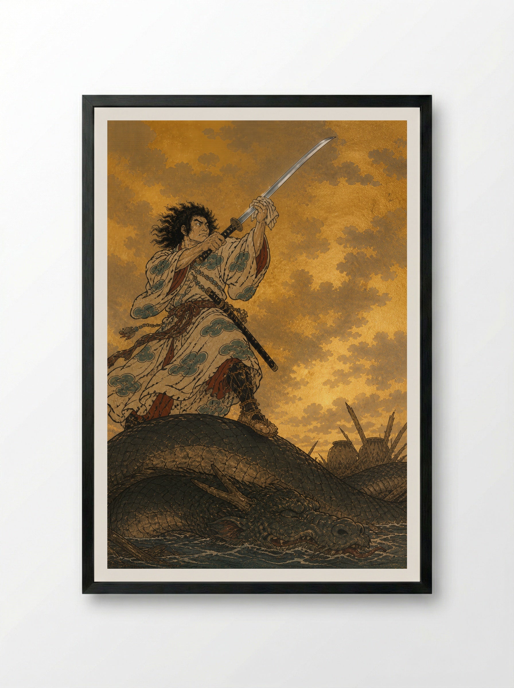 Susanoo and Yamata no Orochi: The recovered sword rests - Framed Print Black