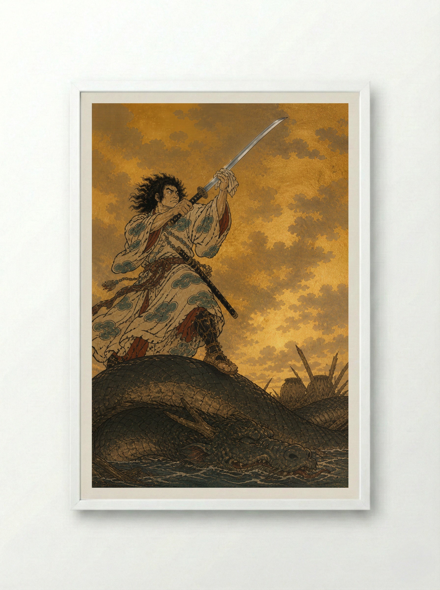 Susanoo and Yamata no Orochi: The recovered sword rests - Framed Print White
