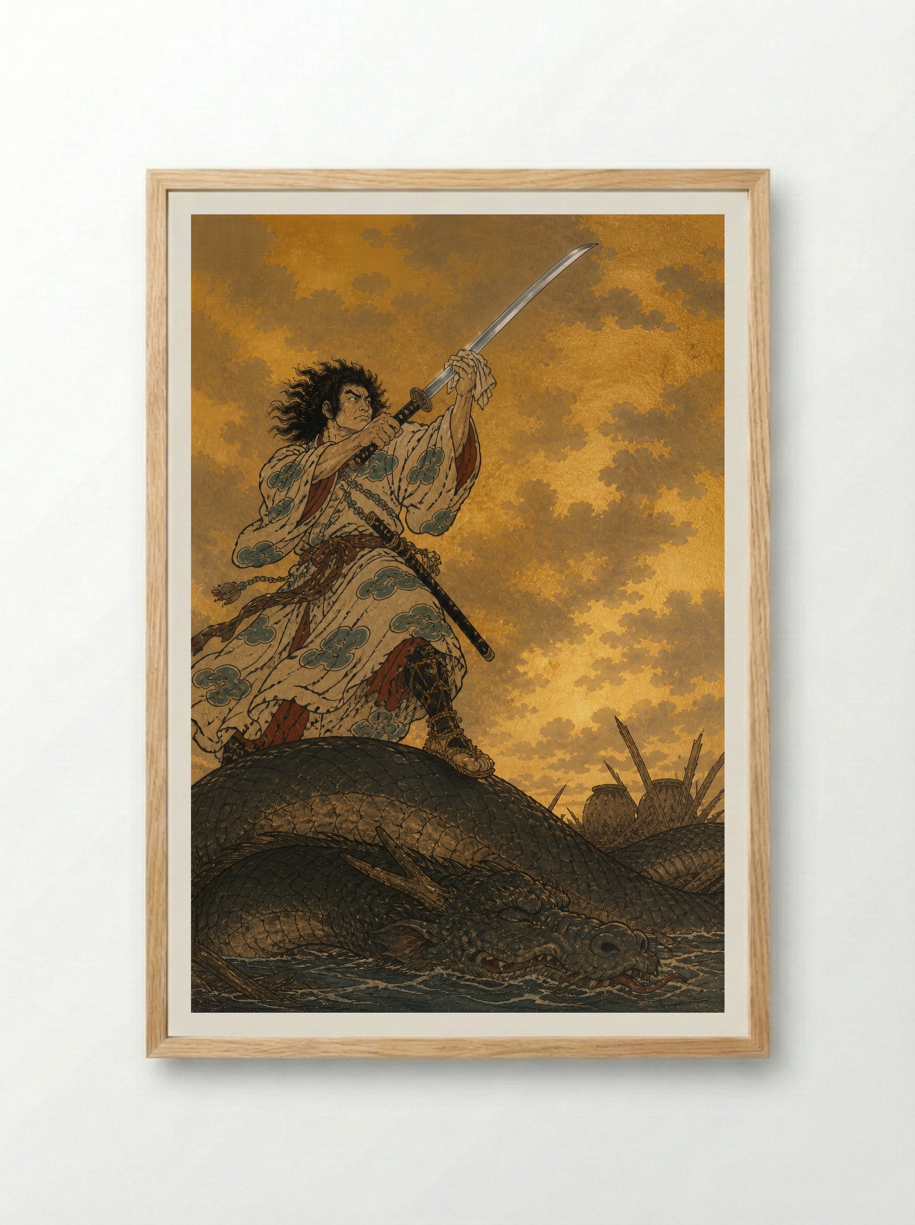 Susanoo and Yamata no Orochi: The recovered sword rests - Framed Print Wood