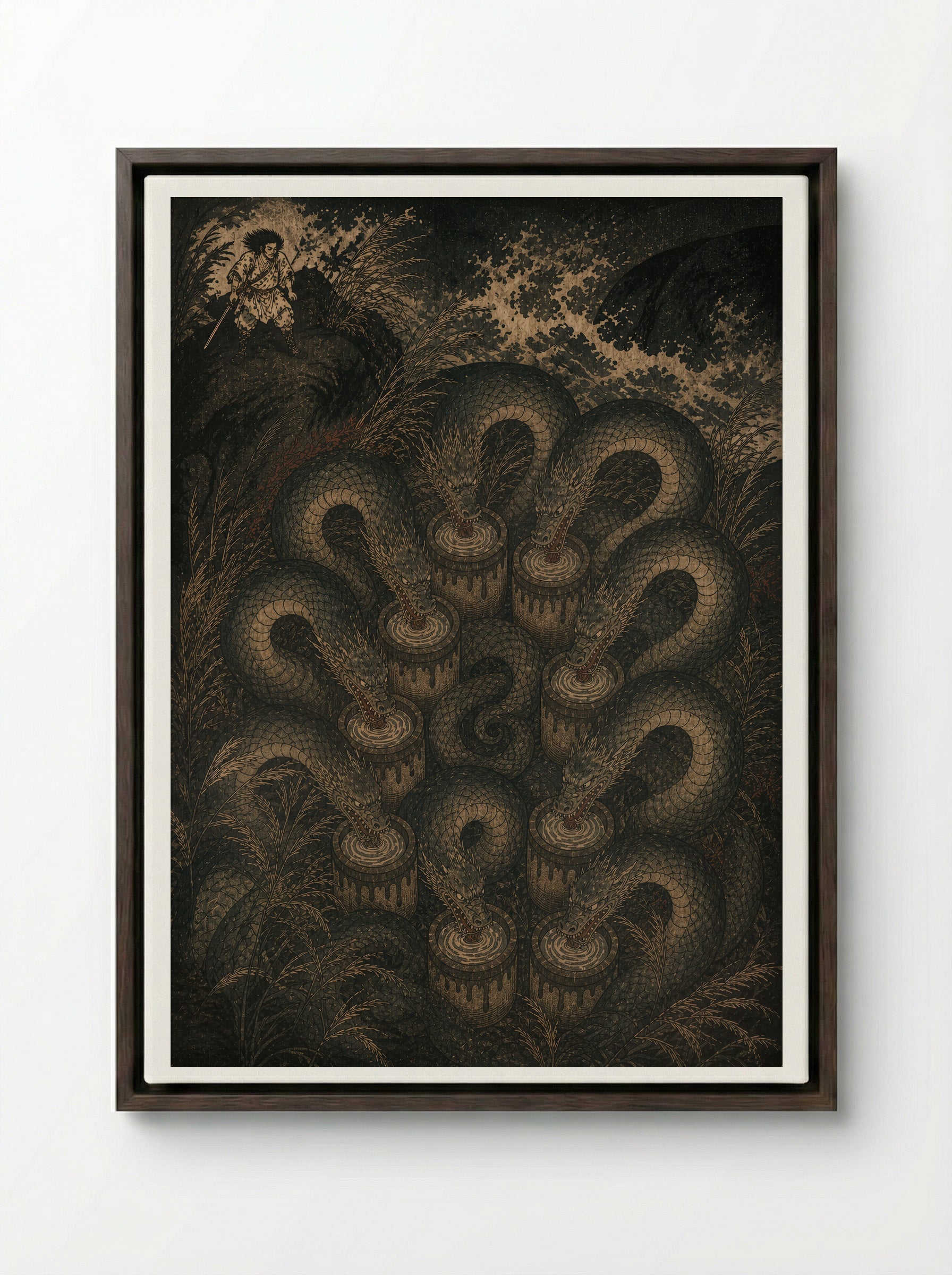 Susanoo and Yamata no Orochi: The serpent reaches the ravine - Framed Canvas Dark Wood